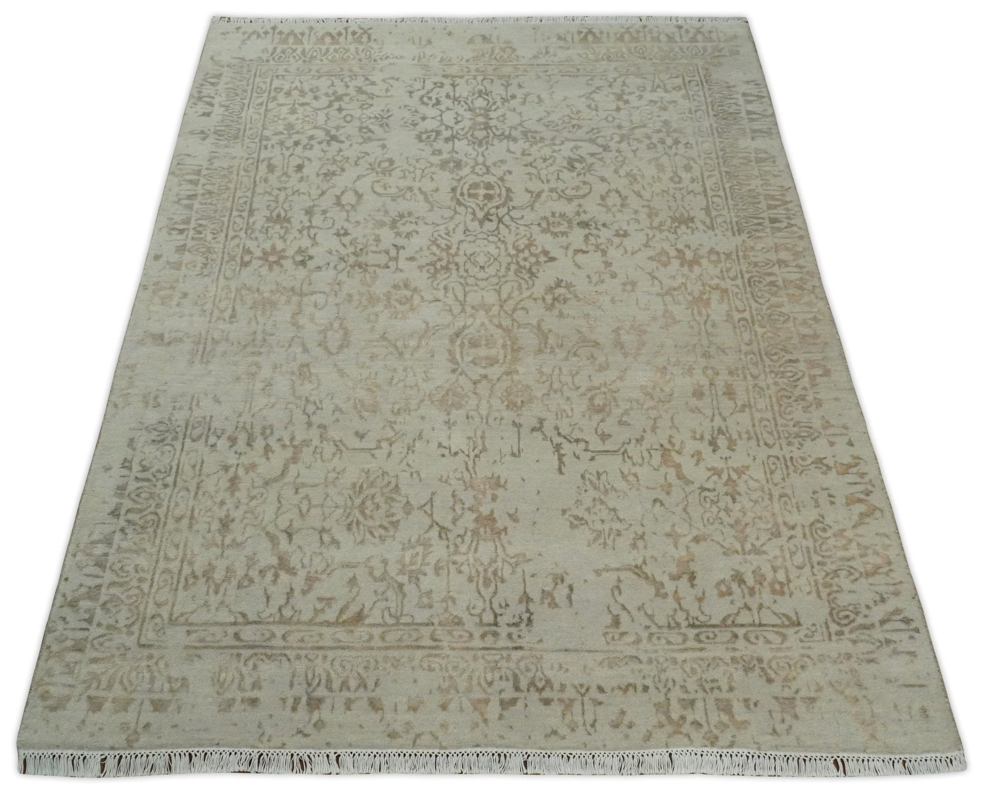 5x7 Fine Hand Knotted Beige and Brown Traditional Vintage Persian Style Antique Wool and Silk Rug | AGR50 - Marsh and Manor Collective