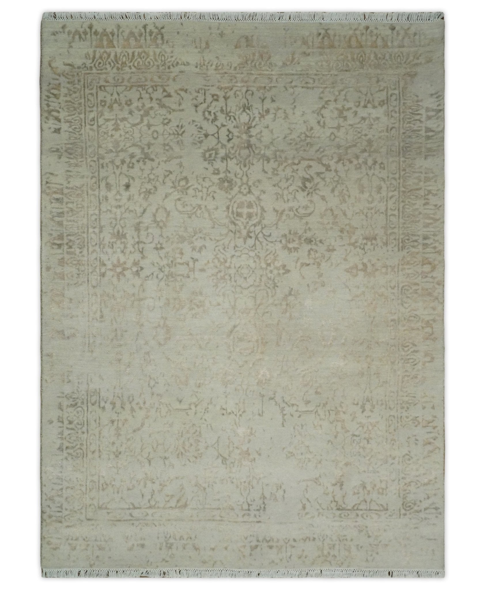 5x7 Fine Hand Knotted Beige and Brown Traditional Vintage Persian Style Antique Wool and Silk Rug | AGR50 - Marsh and Manor Collective