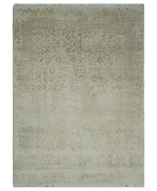 5x7 Fine Hand Knotted Beige and Brown Traditional Vintage Persian Style Antique Wool and Silk Rug | AGR50 - Marsh and Manor Collective