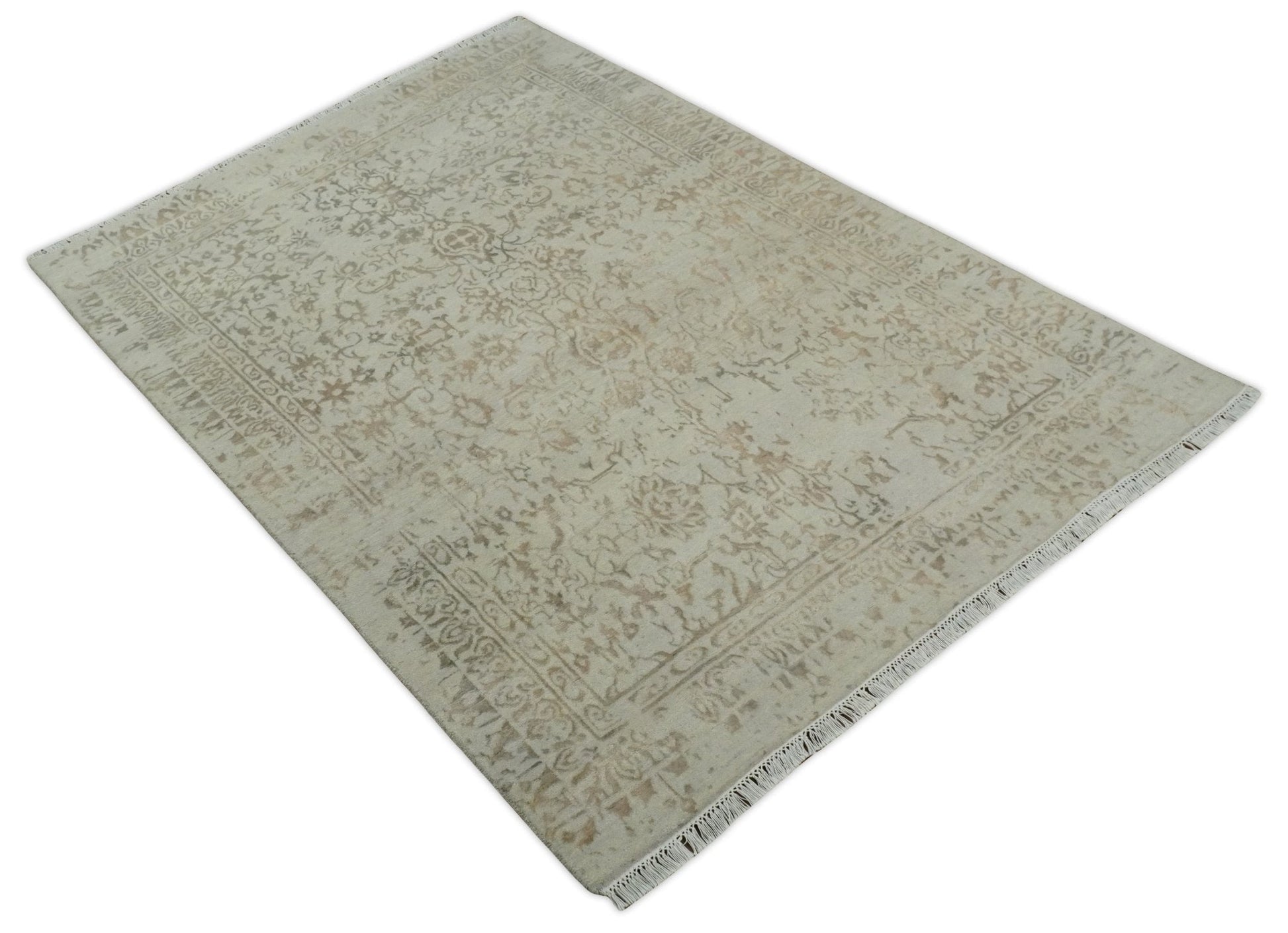 5x7 Fine Hand Knotted Beige and Brown Traditional Vintage Persian Style Antique Wool and Silk Rug | AGR50 - Marsh and Manor Collective