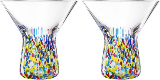 The Wine Savant Stemless Martini Glasses Hand Blown Mexican Confetti Design Colorful Glass Drinkware - Set of 2 Clear