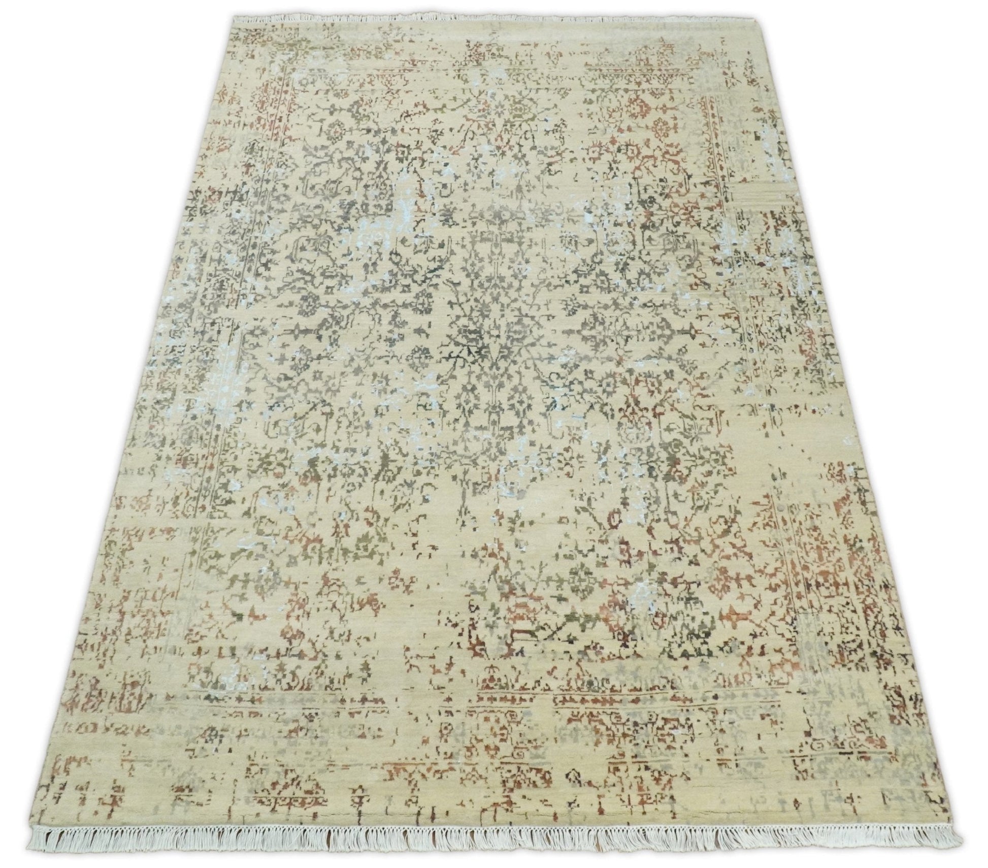 6x9 Fine Hand Knotted Beige and Rust Traditional Vintage Persian Style Antique Wool and Silk Rug | AGR2 - Marsh and Manor Collective