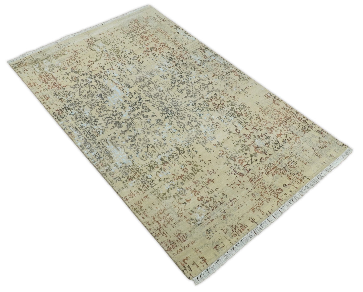 6x9 Fine Hand Knotted Beige and Rust Traditional Vintage Persian Style Antique Wool and Silk Rug | AGR2 - Marsh and Manor Collective