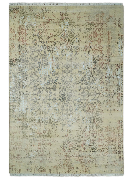 6x9 Fine Hand Knotted Beige and Rust Traditional Vintage Persian Style Antique Wool and Silk Rug | AGR2 - Marsh and Manor Collective