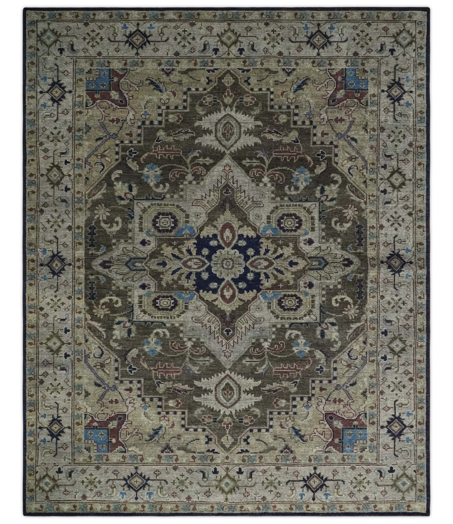 8x10 Antique look Brown, Beige and Blue Traditional Medallion wool Area Rug - Marsh and Manor Collective