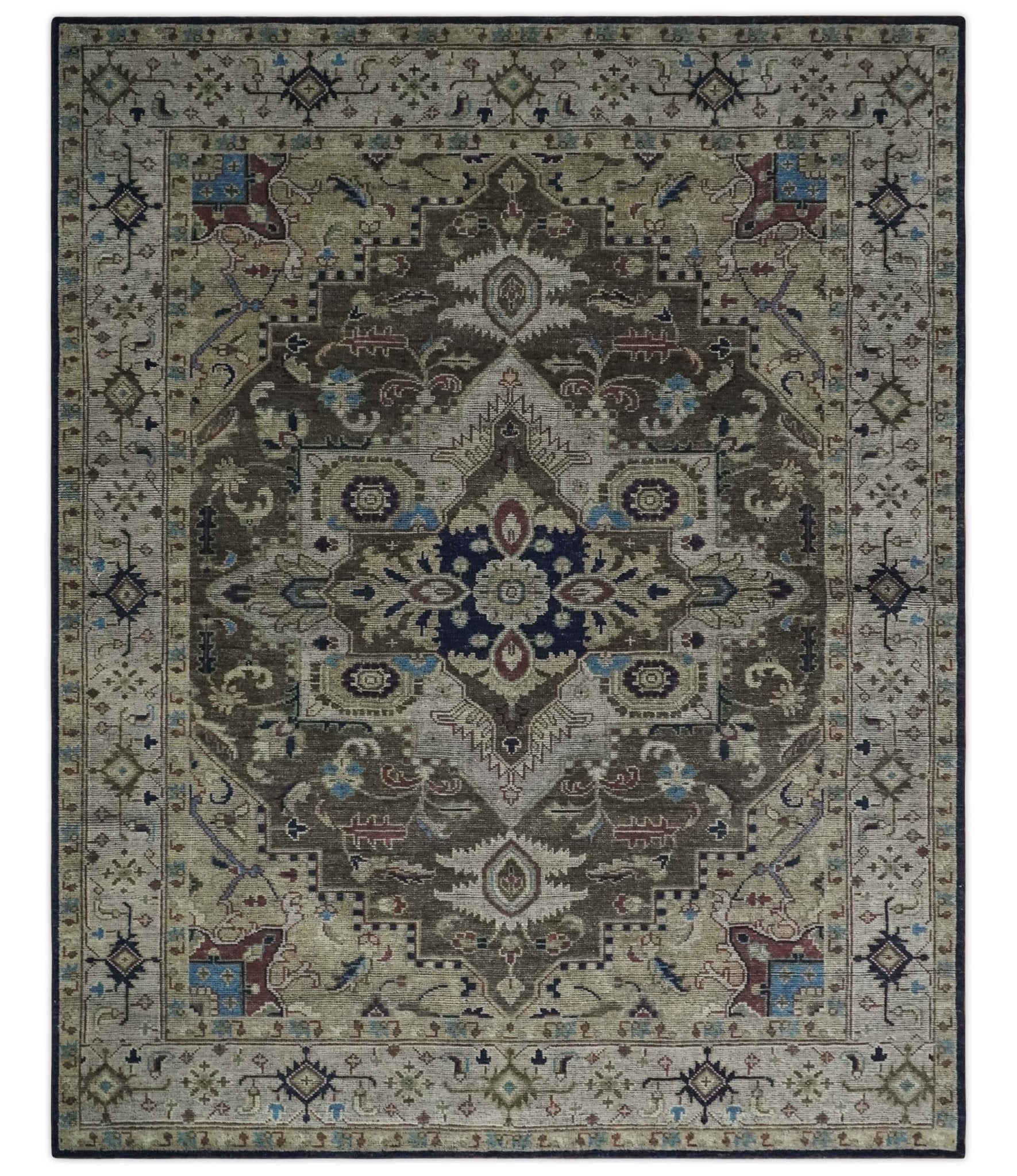 8x10 Antique look Brown, Beige and Blue Traditional Medallion wool Area Rug - Marsh and Manor Collective