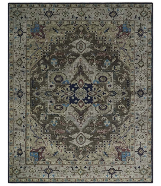 8x10 Antique look Brown, Beige and Blue Traditional Medallion wool Area Rug - Marsh and Manor Collective