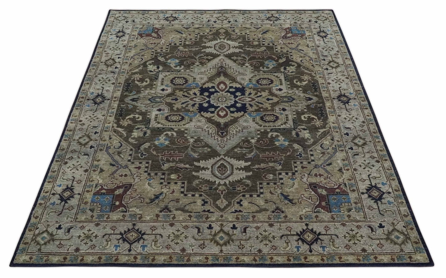 8x10 Antique look Brown, Beige and Blue Traditional Medallion wool Area Rug - Marsh and Manor Collective