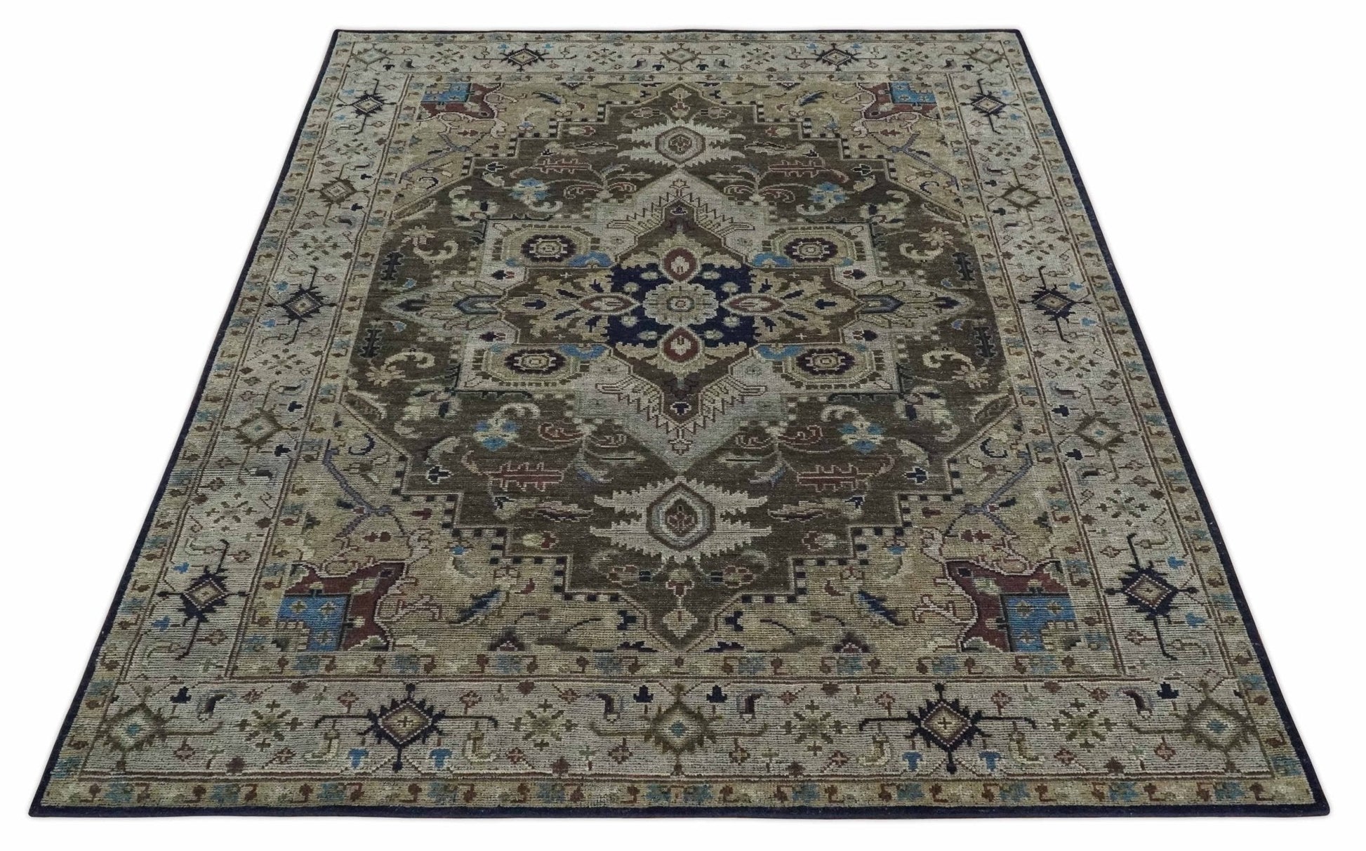 8x10 Antique look Brown, Beige and Blue Traditional Medallion wool Area Rug - Marsh and Manor Collective