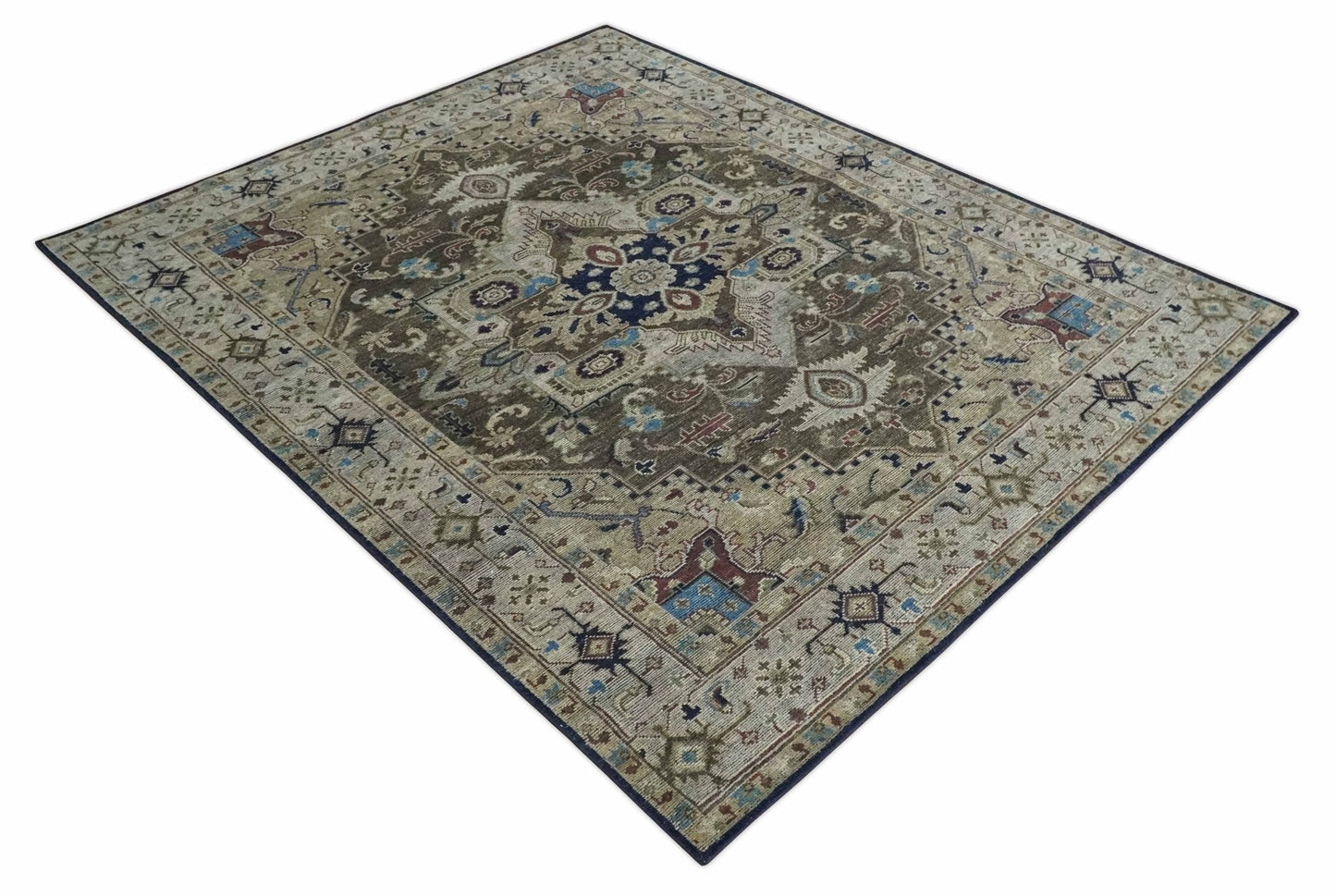 8x10 Antique look Brown, Beige and Blue Traditional Medallion wool Area Rug - Marsh and Manor Collective