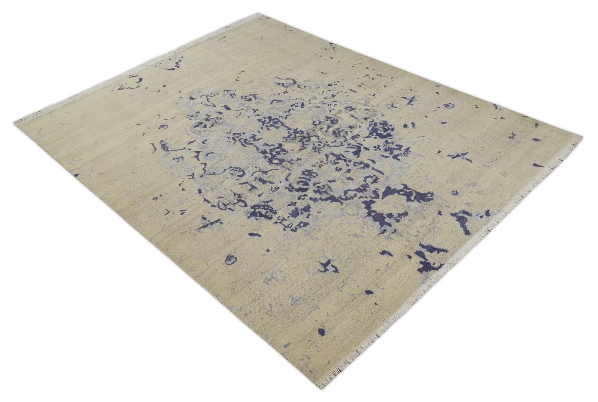8x10 Beige, Blue and Silver Antique Style, Abstract Hand Knotted Low pile Wool Area Rug - Marsh and Manor Collective