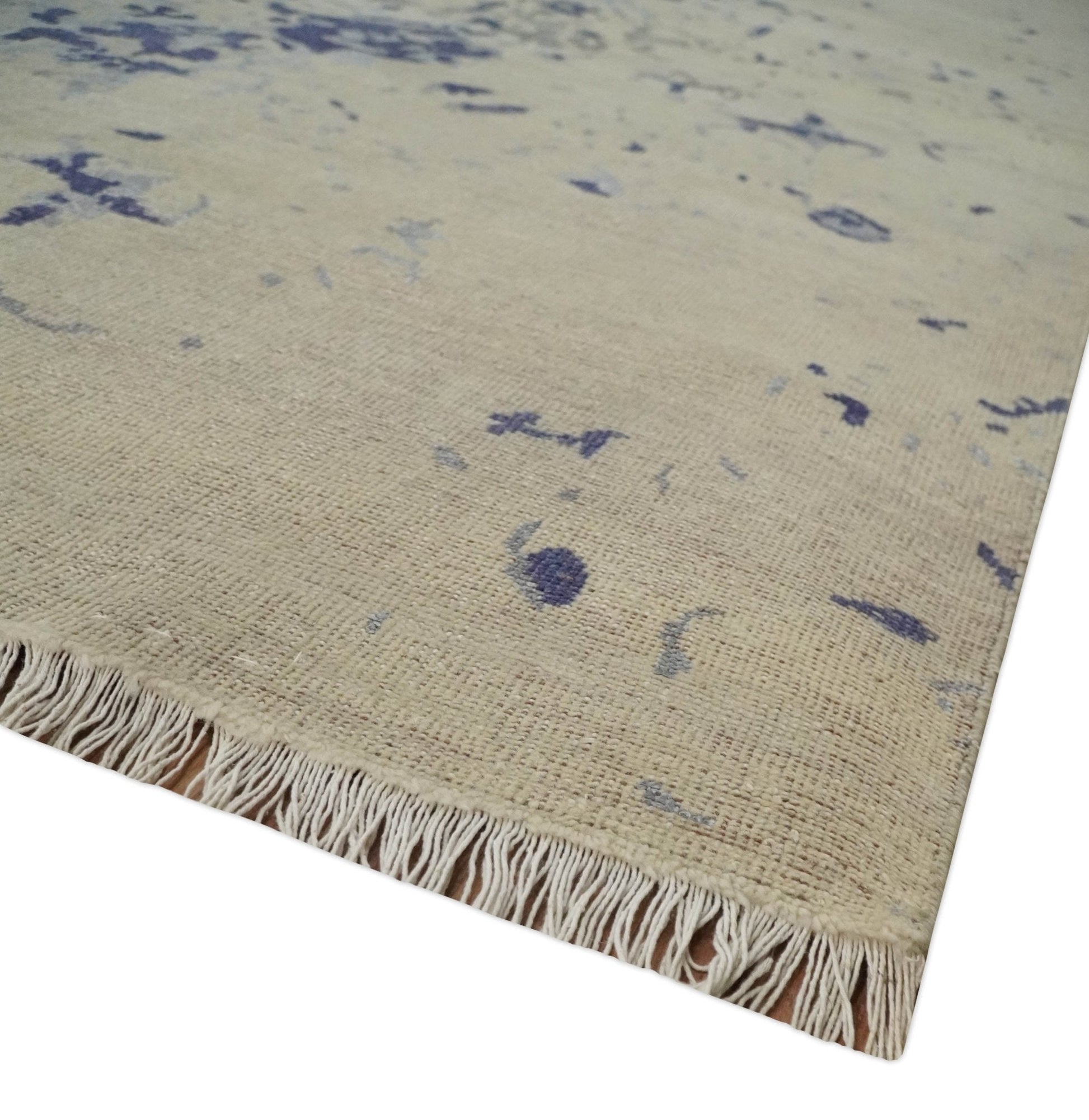 8x10 Beige, Blue and Silver Antique Style, Abstract Hand Knotted Low pile Wool Area Rug - Marsh and Manor Collective