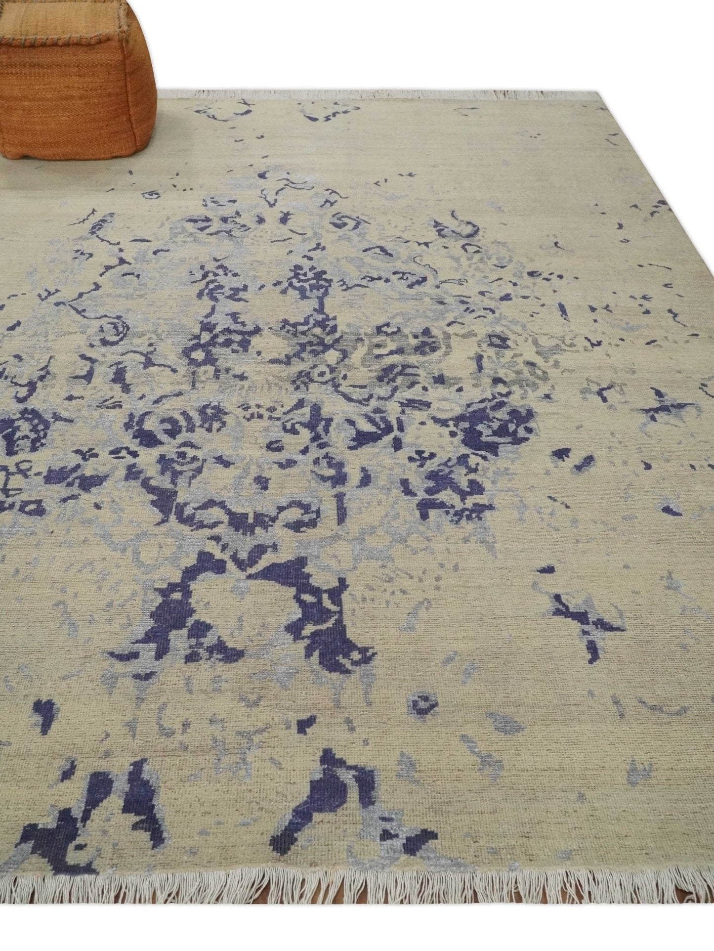 8x10 Beige, Blue and Silver Antique Style, Abstract Hand Knotted Low pile Wool Area Rug - Marsh and Manor Collective