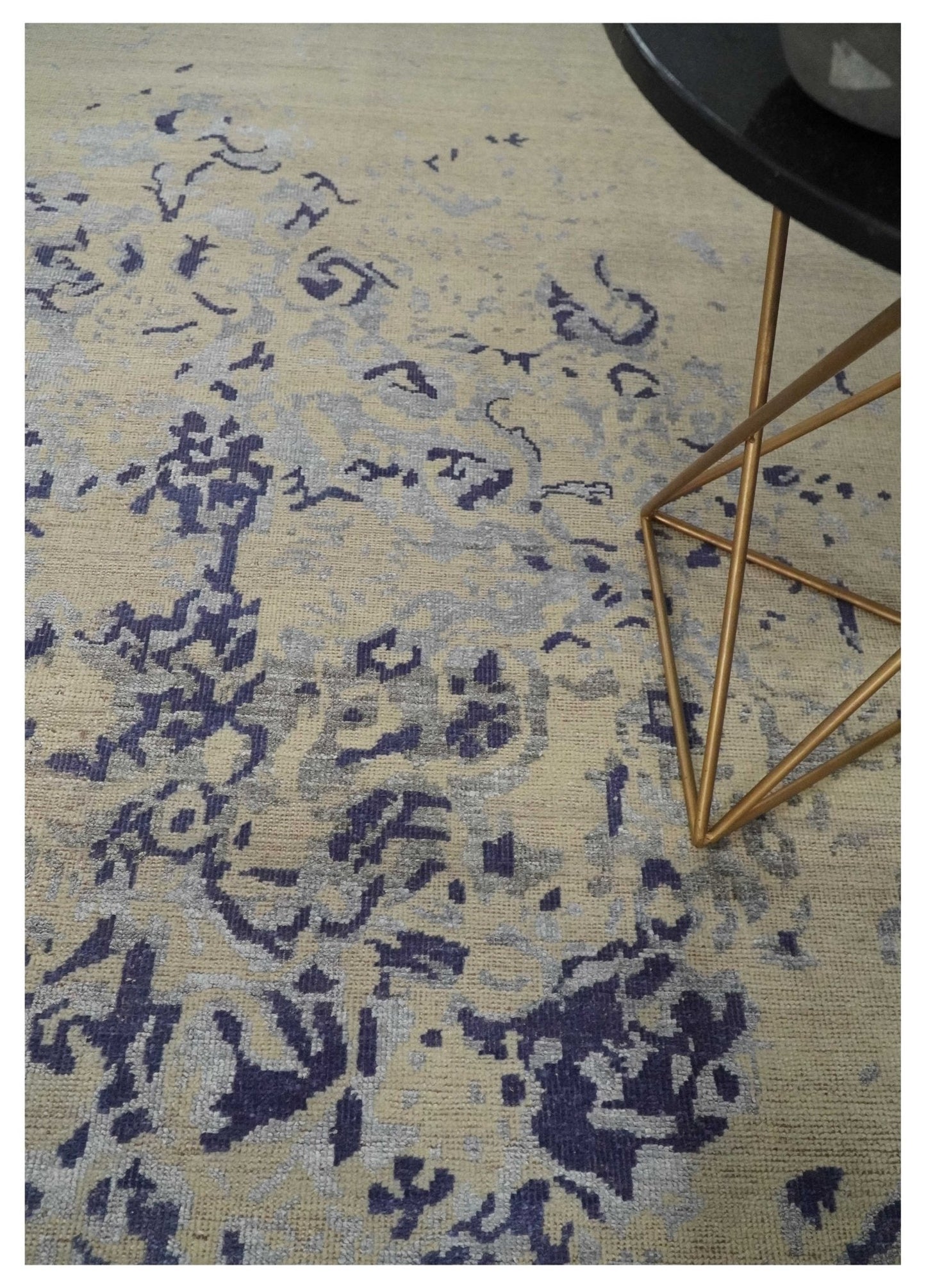 8x10 Beige, Blue and Silver Antique Style, Abstract Hand Knotted Low pile Wool Area Rug - Marsh and Manor Collective