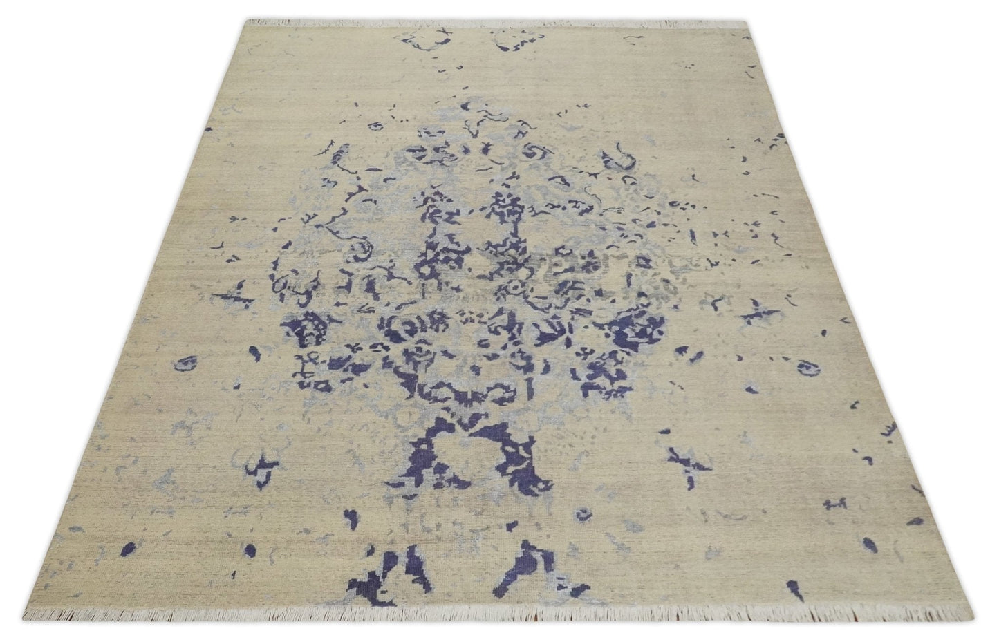8x10 Beige, Blue and Silver Antique Style, Abstract Hand Knotted Low pile Wool Area Rug - Marsh and Manor Collective