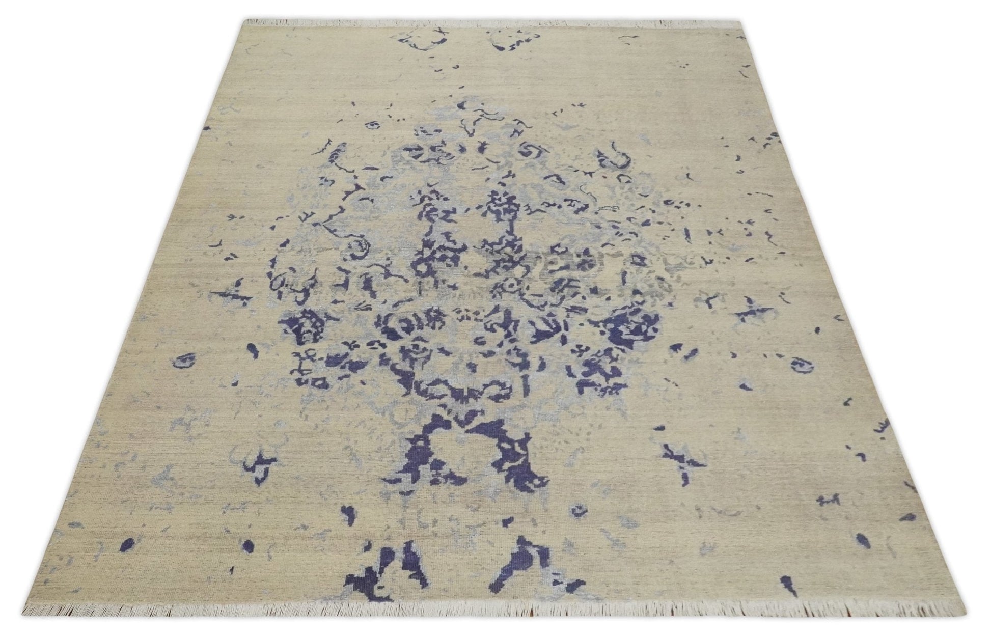 8x10 Beige, Blue and Silver Antique Style, Abstract Hand Knotted Low pile Wool Area Rug - Marsh and Manor Collective
