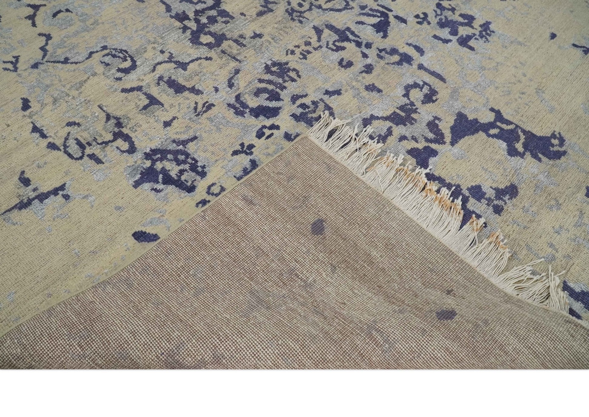 8x10 Beige, Blue and Silver Antique Style, Abstract Hand Knotted Low pile Wool Area Rug - Marsh and Manor Collective