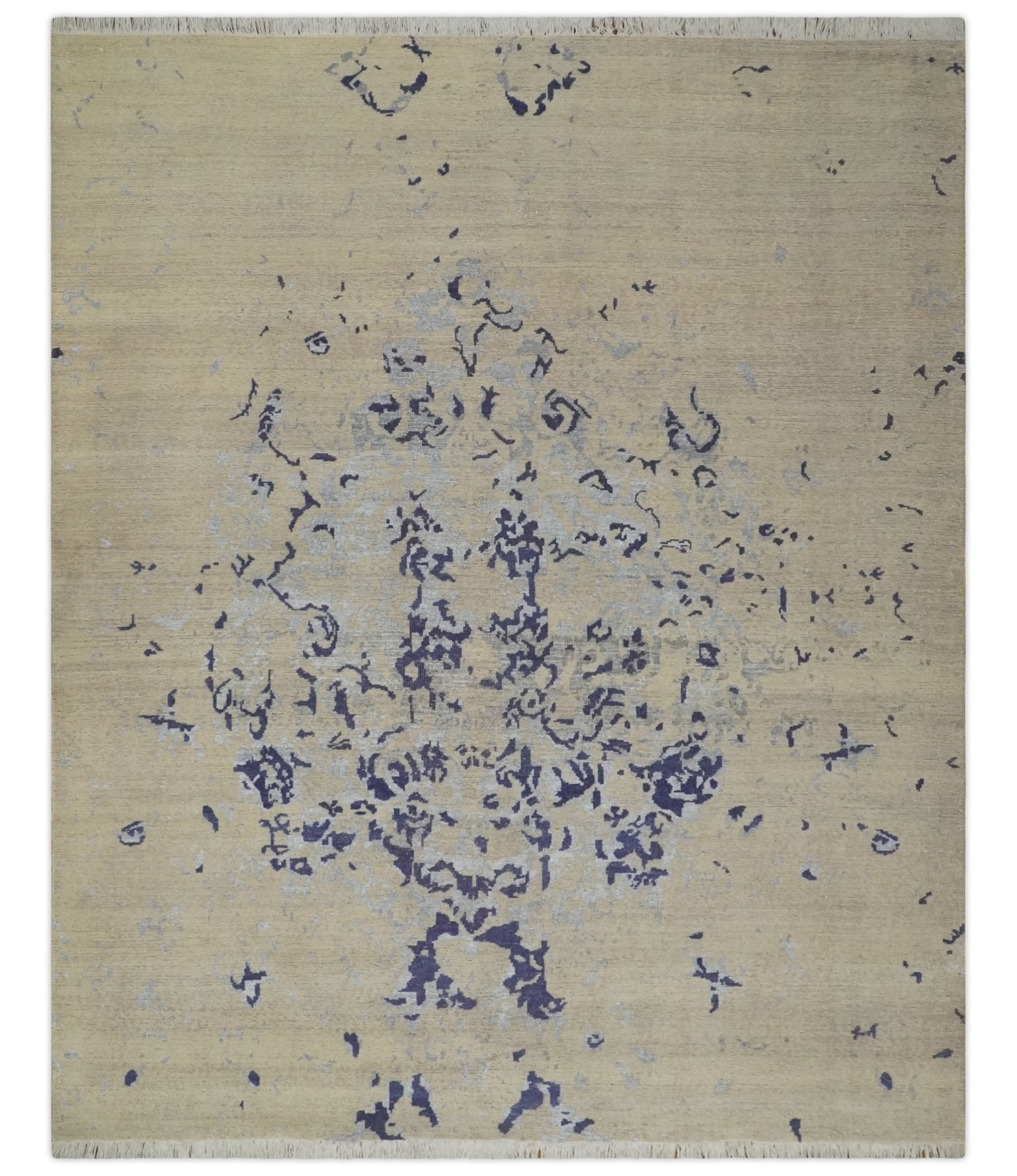 8x10 Beige, Blue and Silver Antique Style, Abstract Hand Knotted Low pile Wool Area Rug - Marsh and Manor Collective