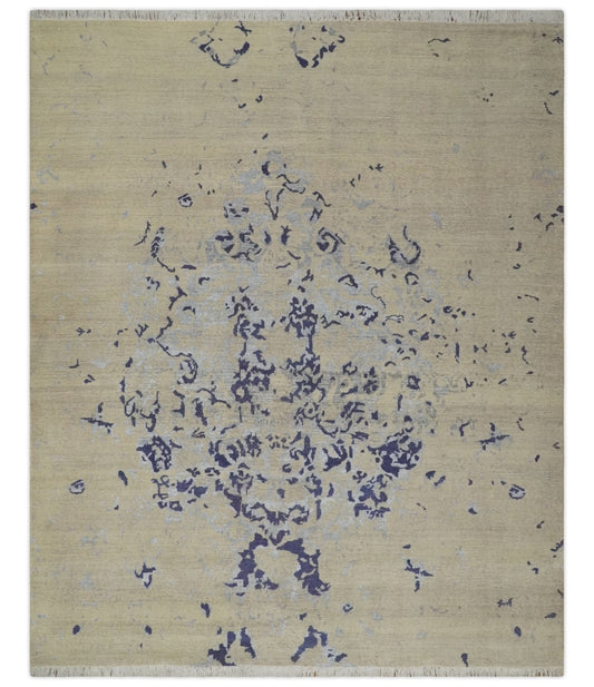 8x10 Beige, Blue and Silver Antique Style, Abstract Hand Knotted Low pile Wool Area Rug - Marsh and Manor Collective