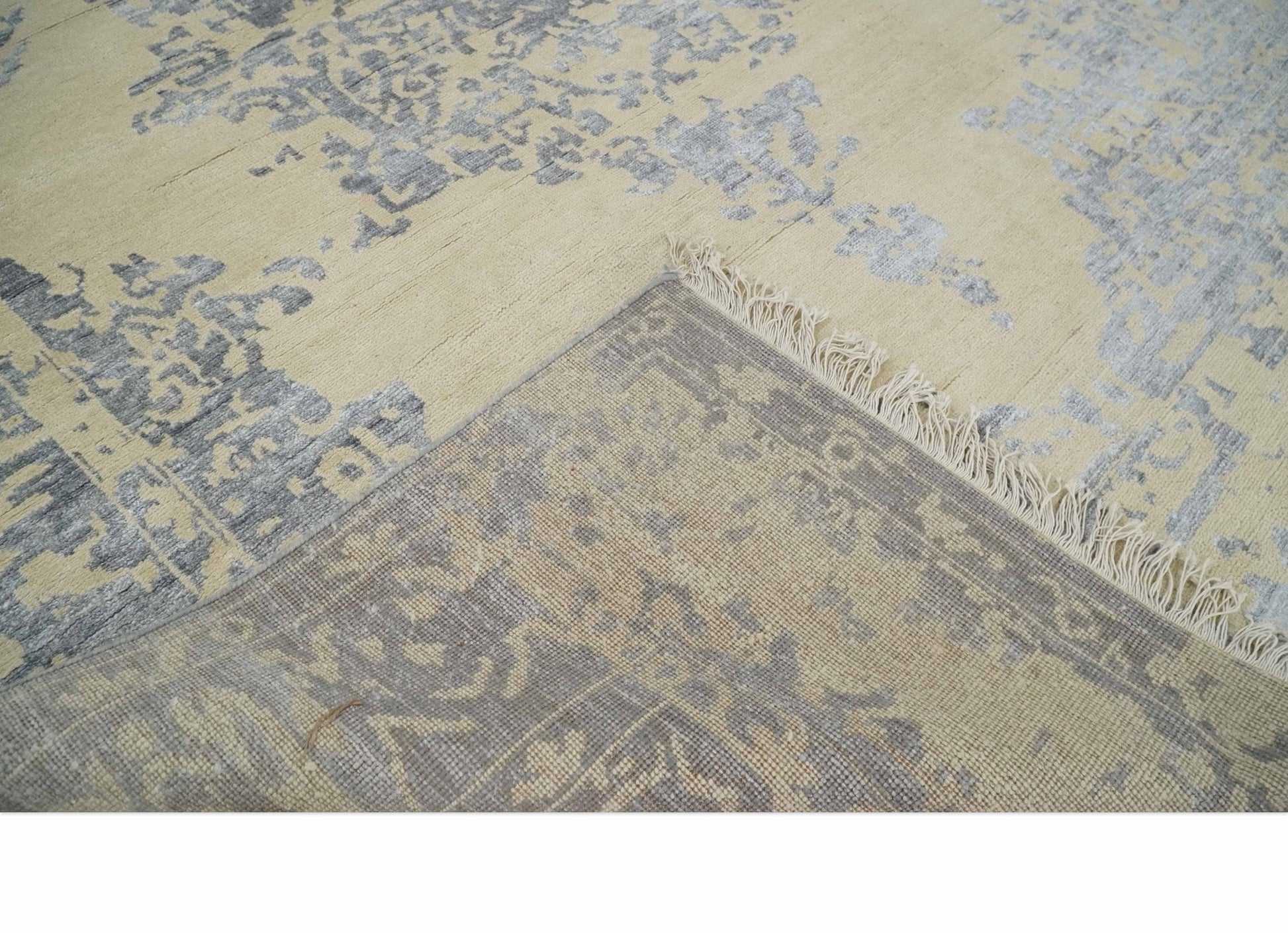 8x10 Beige, Charcoal and Silver Traditional Medallion Hand Knotted Wool and Bamboo Silk Area Rug - Marsh and Manor Collective