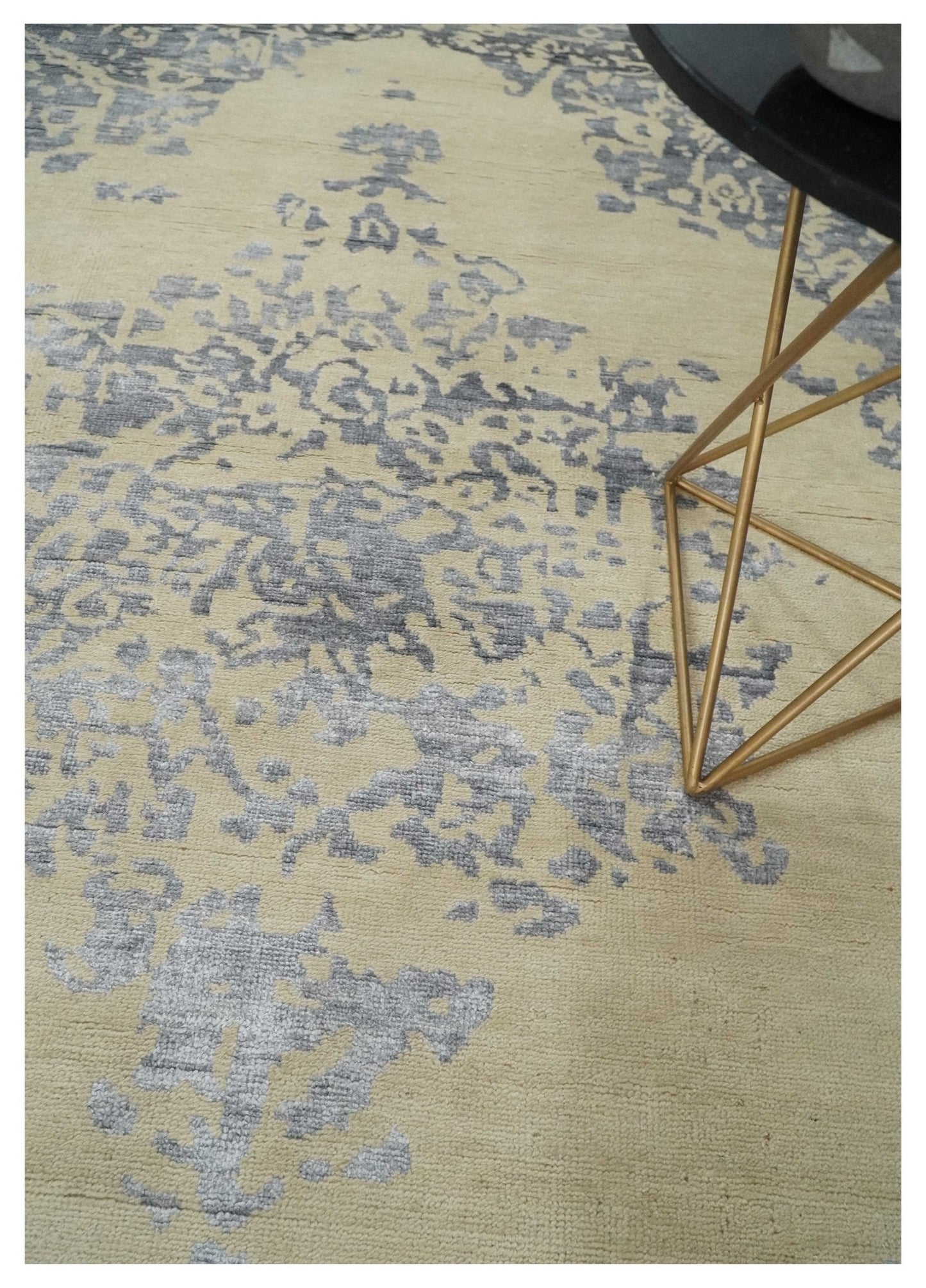 8x10 Beige, Charcoal and Silver Traditional Medallion Hand Knotted Wool and Bamboo Silk Area Rug - Marsh and Manor Collective