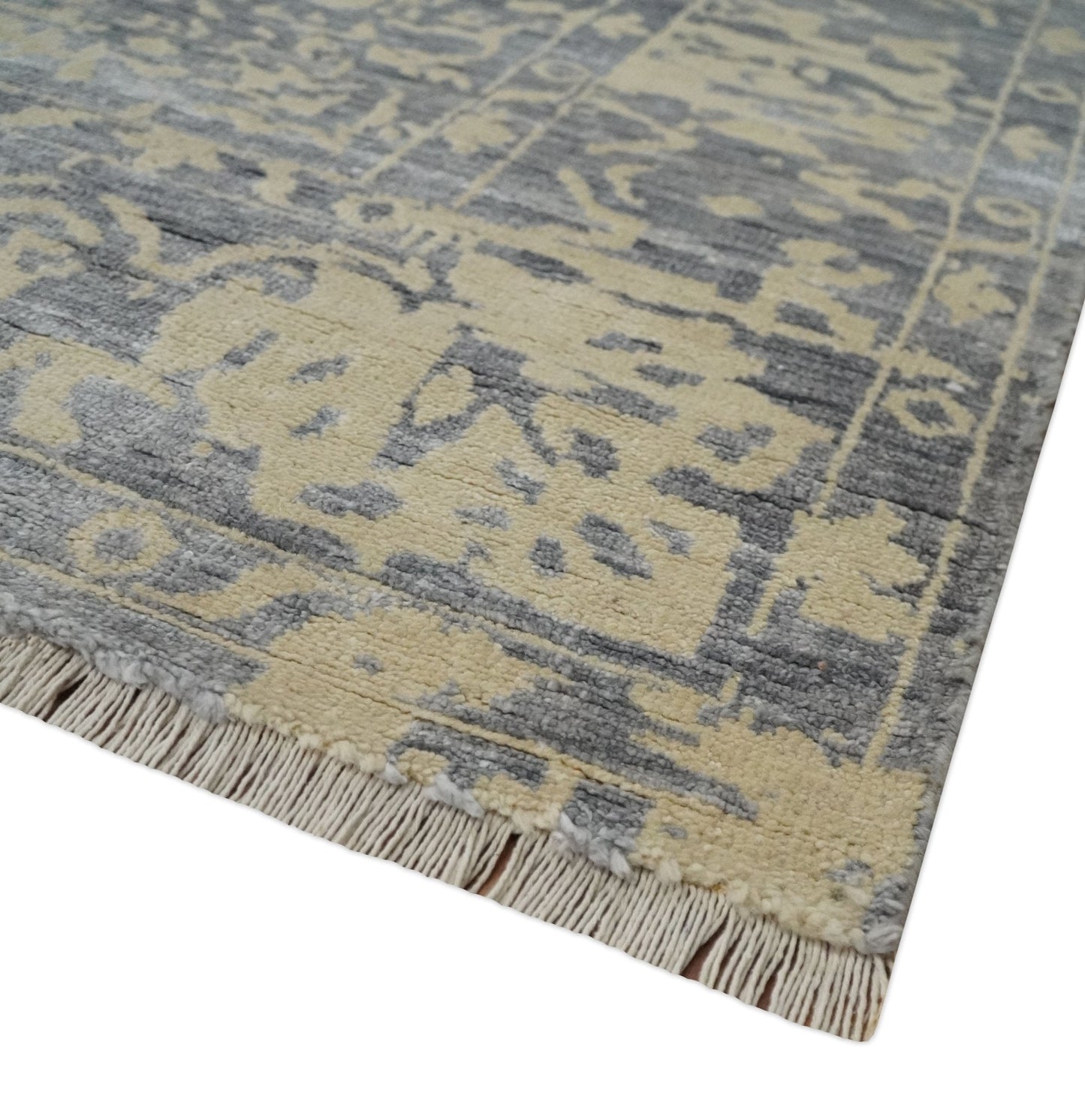 8x10 Beige, Charcoal and Silver Traditional Medallion Hand Knotted Wool and Bamboo Silk Area Rug - Marsh and Manor Collective