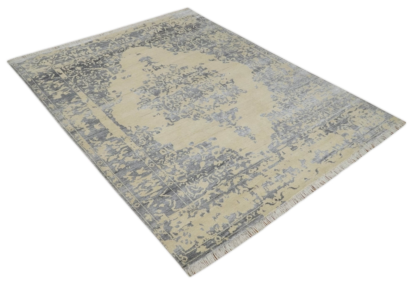 8x10 Beige, Charcoal and Silver Traditional Medallion Hand Knotted Wool and Bamboo Silk Area Rug - Marsh and Manor Collective