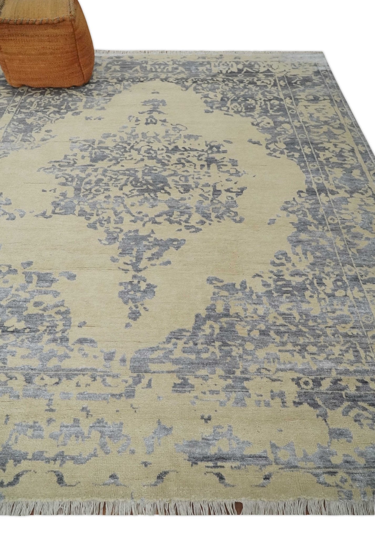 8x10 Beige, Charcoal and Silver Traditional Medallion Hand Knotted Wool and Bamboo Silk Area Rug - Marsh and Manor Collective