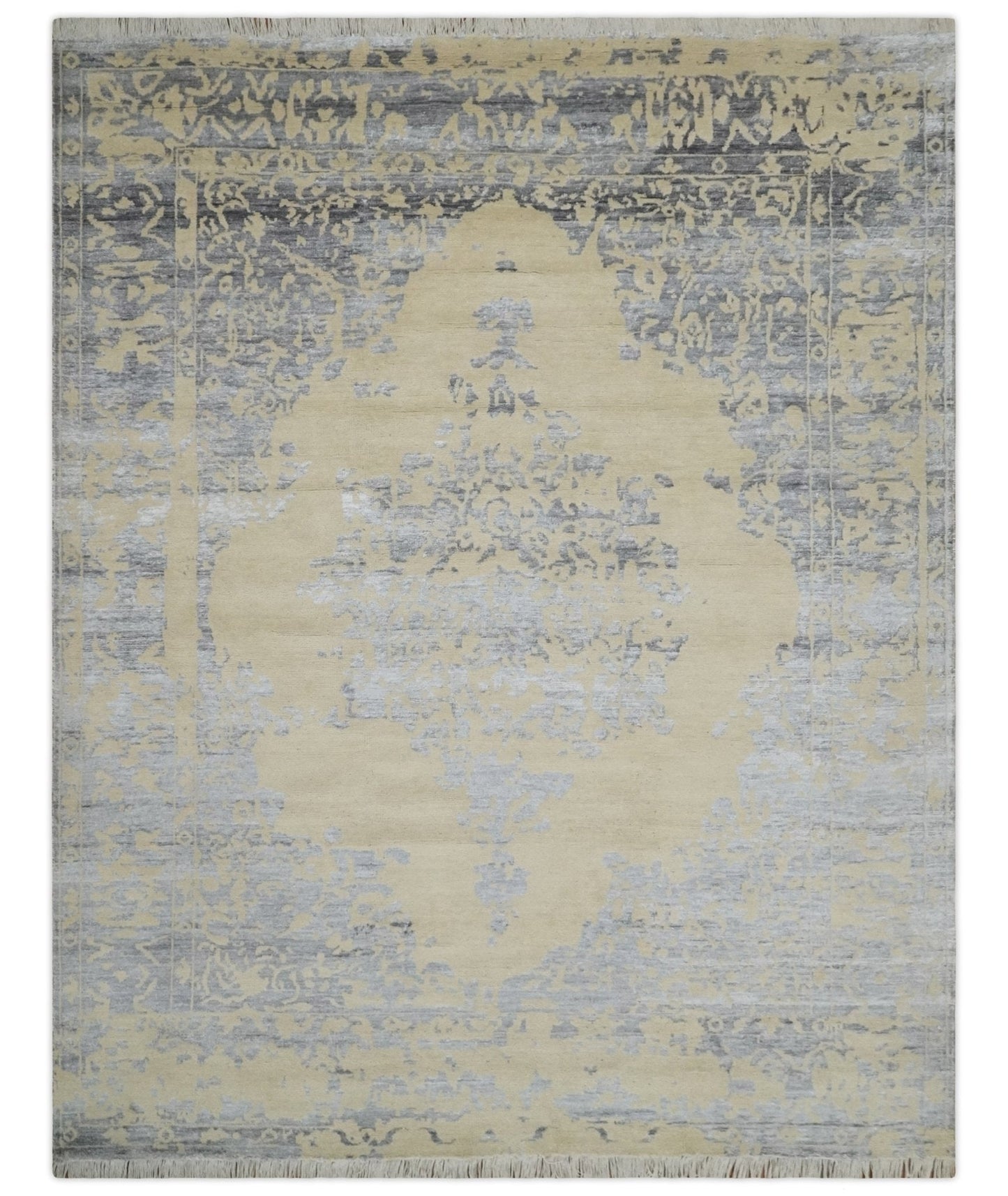 8x10 Beige, Charcoal and Silver Traditional Medallion Hand Knotted Wool and Bamboo Silk Area Rug - Marsh and Manor Collective