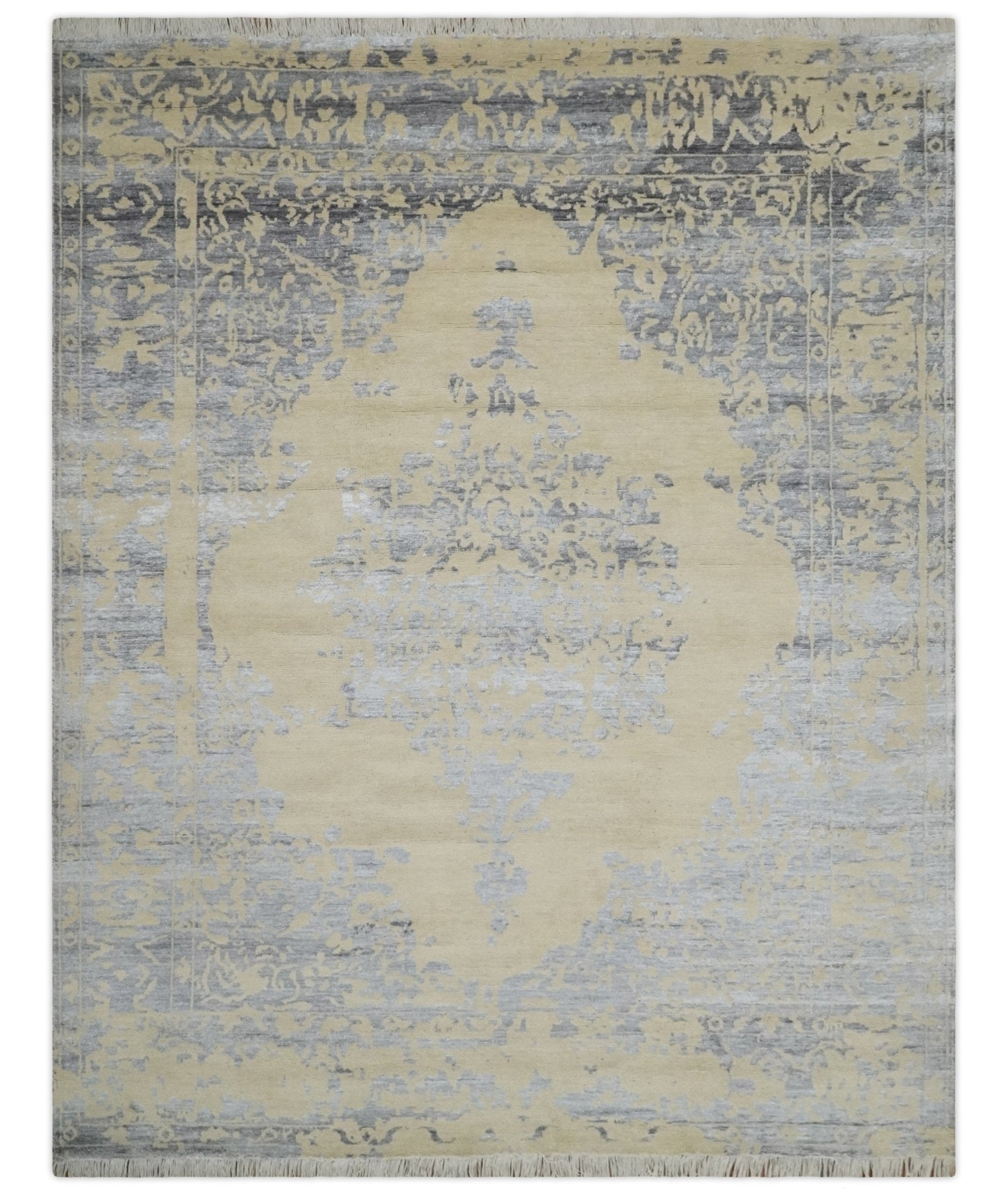 8x10 Beige, Charcoal and Silver Traditional Medallion Hand Knotted Wool and Bamboo Silk Area Rug - Marsh and Manor Collective