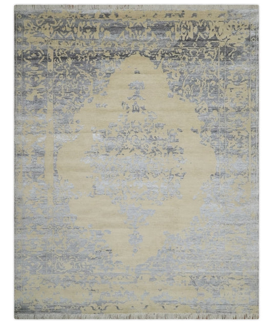 8x10 Beige, Charcoal and Silver Traditional Medallion Hand Knotted Wool and Bamboo Silk Area Rug - Marsh and Manor Collective