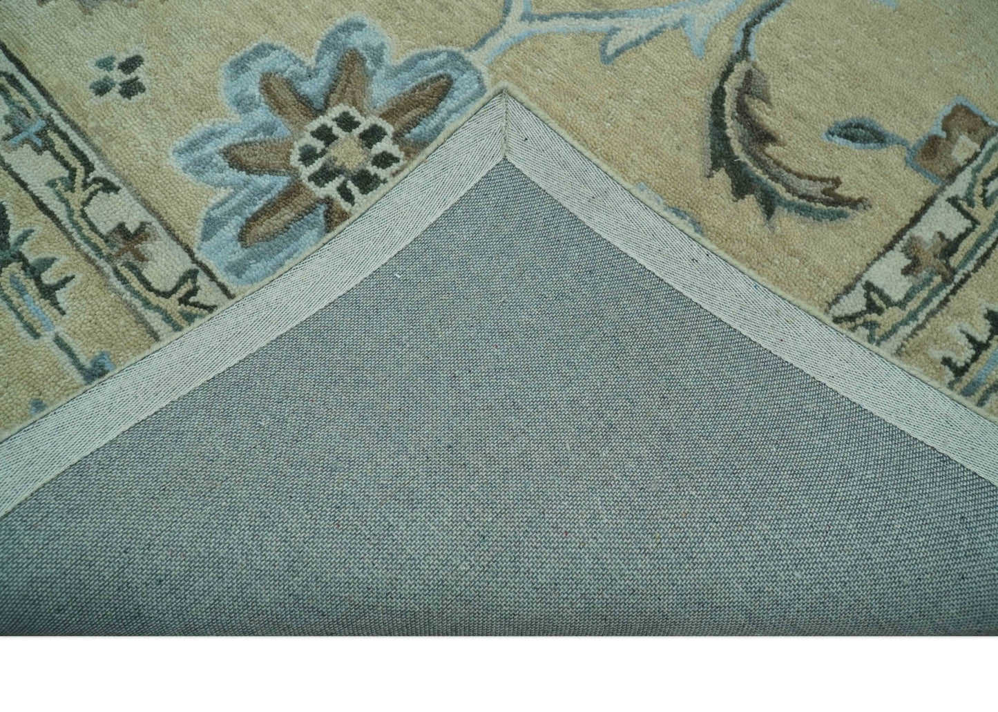 8x10 Beige, Ivory and Blue Hand Tufted Floral Oriental Oushak wool area rug - Marsh and Manor Collective