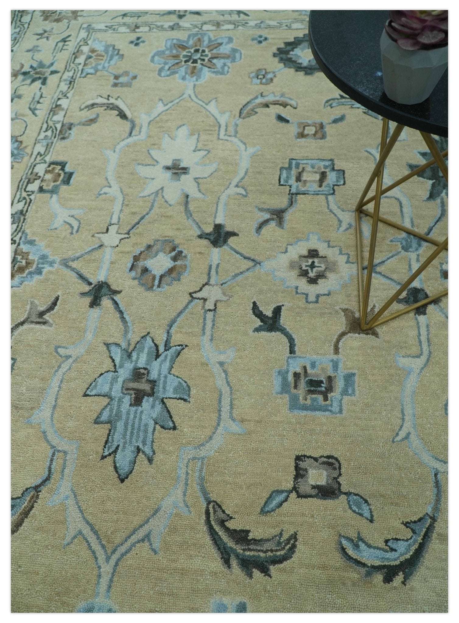 8x10 Beige, Ivory and Blue Hand Tufted Floral Oriental Oushak wool area rug - Marsh and Manor Collective