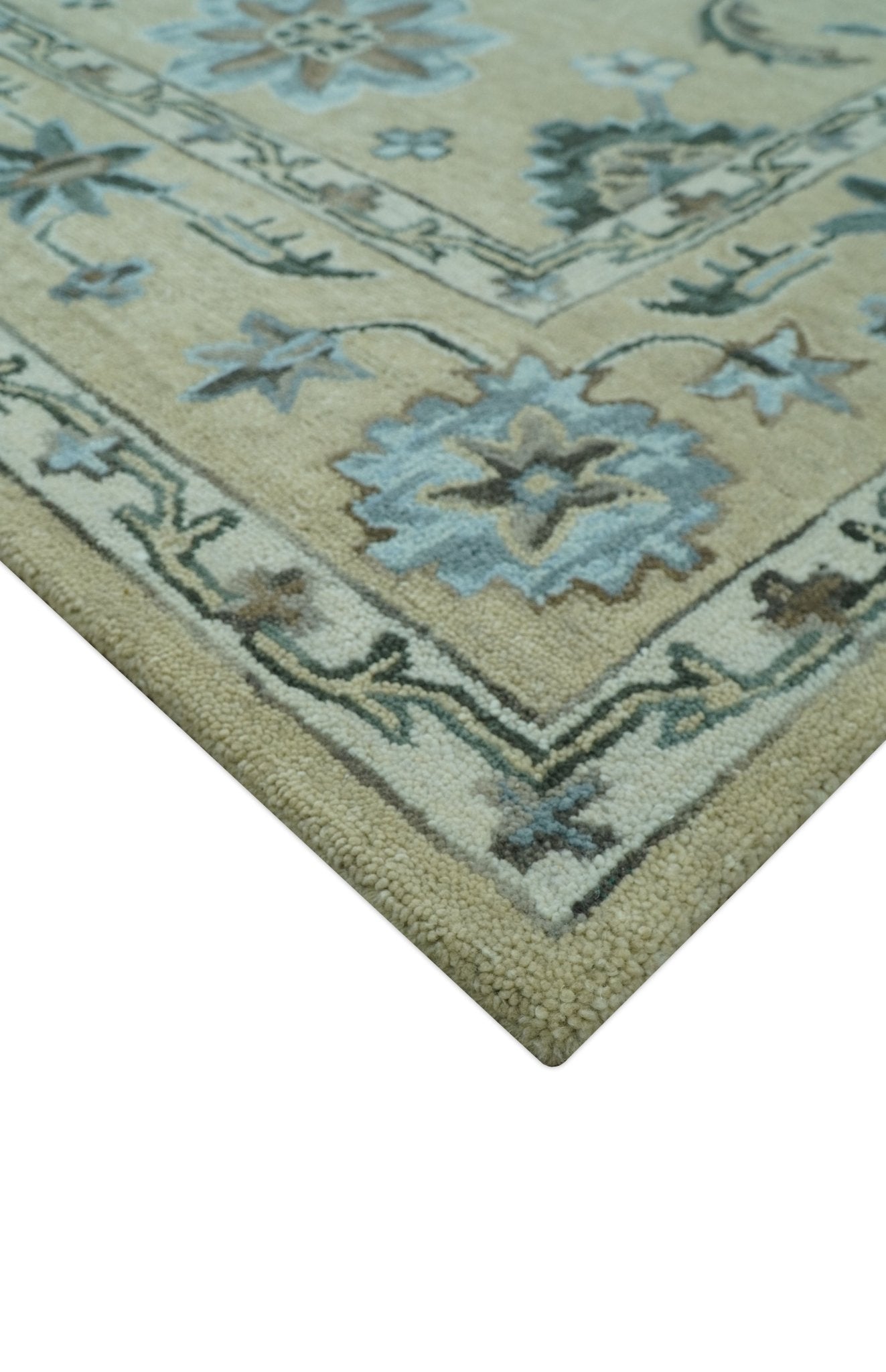 8x10 Beige, Ivory and Blue Hand Tufted Floral Oriental Oushak wool area rug - Marsh and Manor Collective