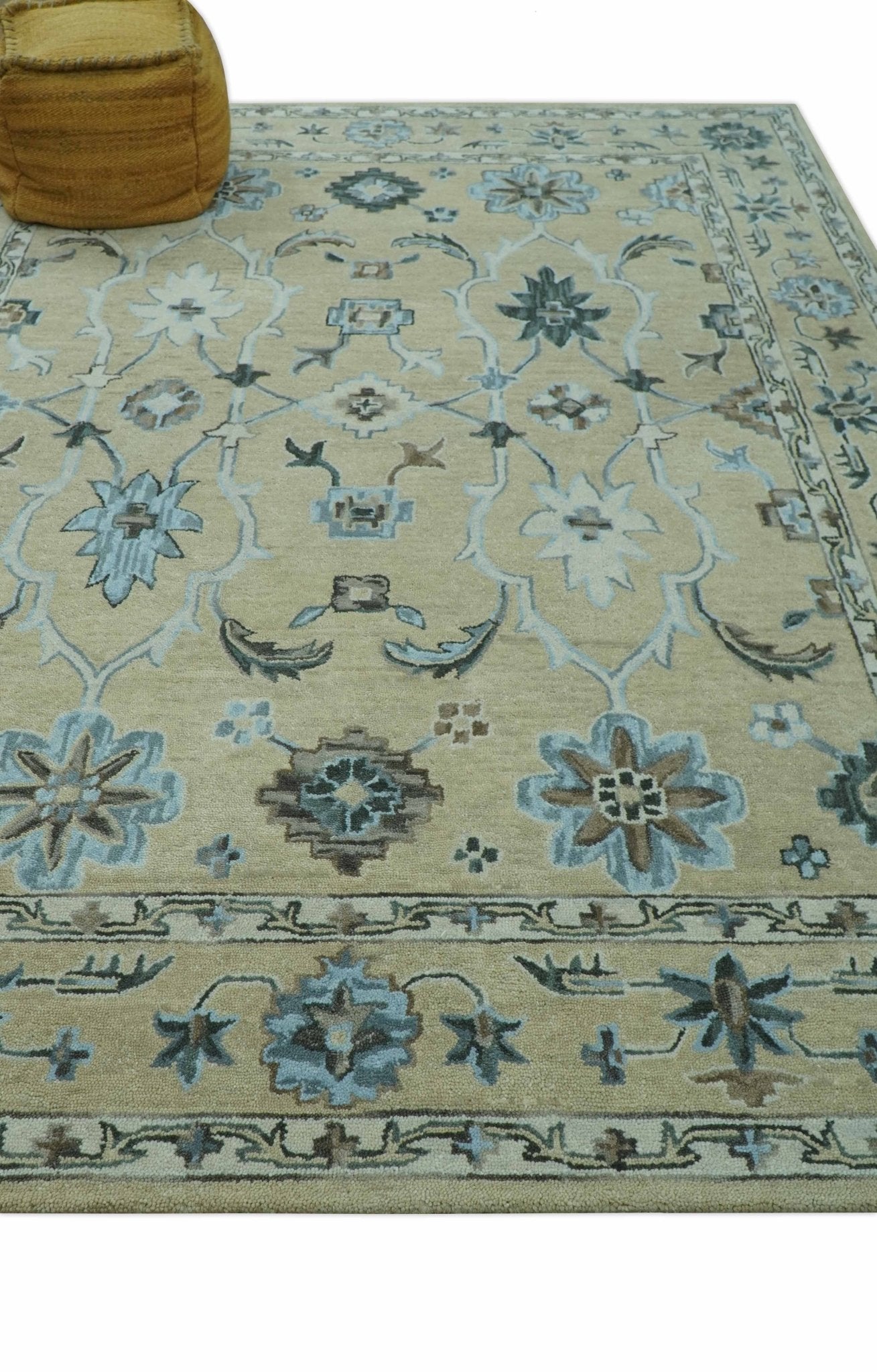 8x10 Beige, Ivory and Blue Hand Tufted Floral Oriental Oushak wool area rug - Marsh and Manor Collective