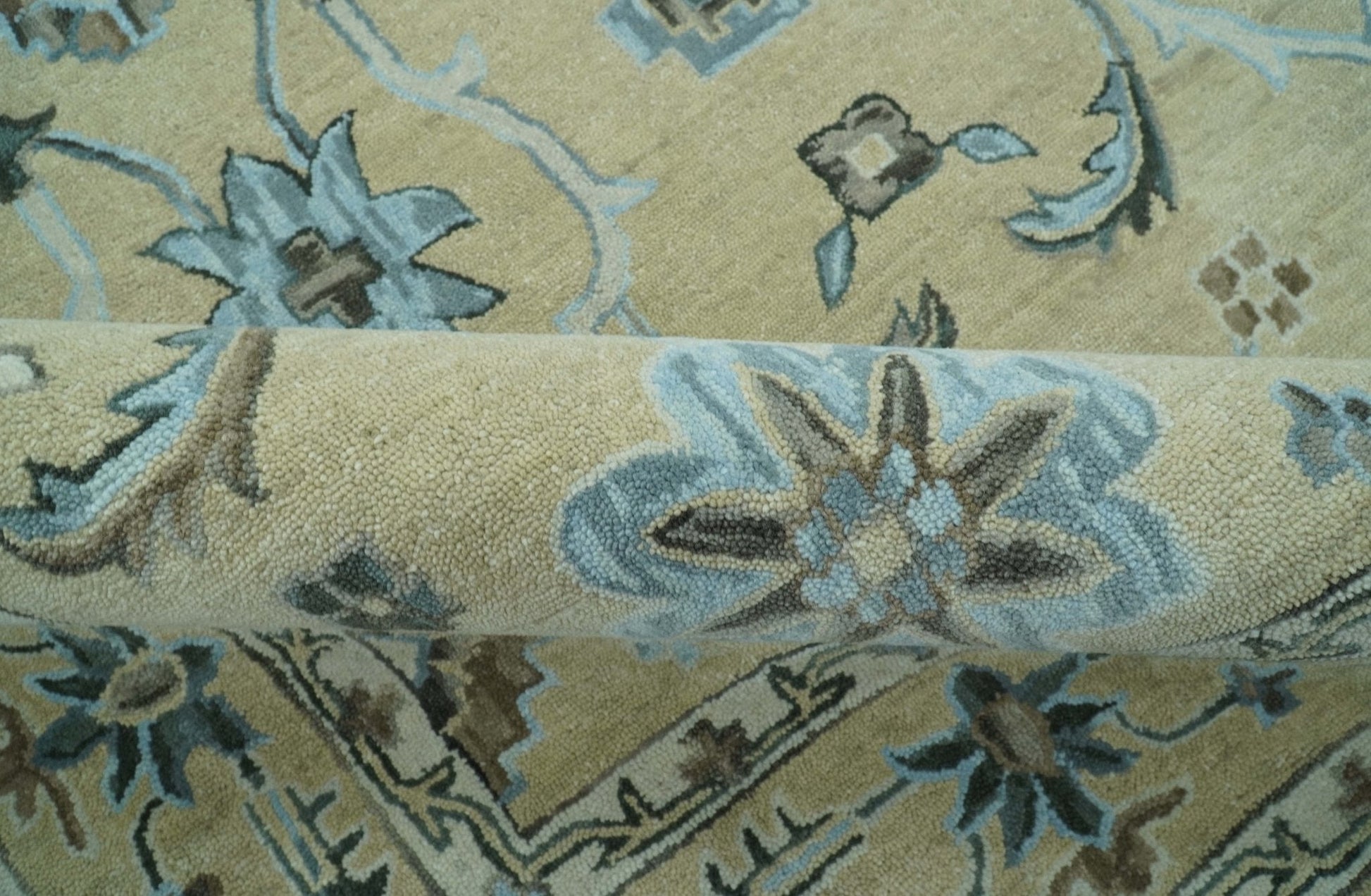8x10 Beige, Ivory and Blue Hand Tufted Floral Oriental Oushak wool area rug - Marsh and Manor Collective