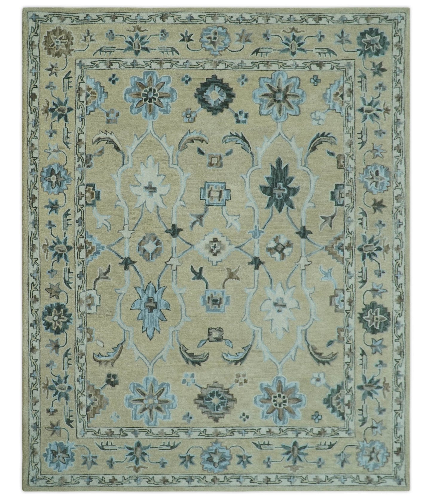 8x10 Beige, Ivory and Blue Hand Tufted Floral Oriental Oushak wool area rug - Marsh and Manor Collective