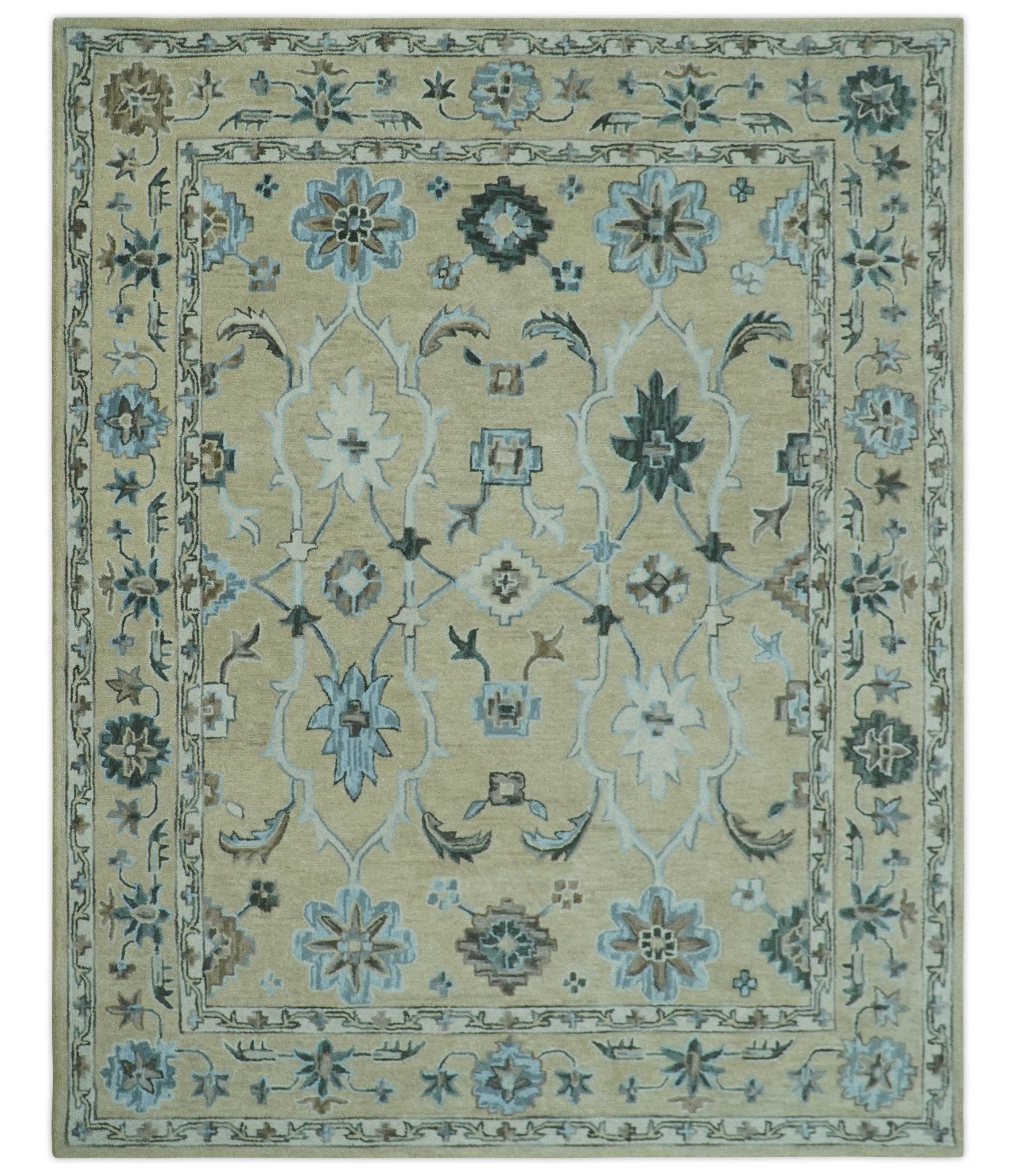 8x10 Beige, Ivory and Blue Hand Tufted Floral Oriental Oushak wool area rug - Marsh and Manor Collective