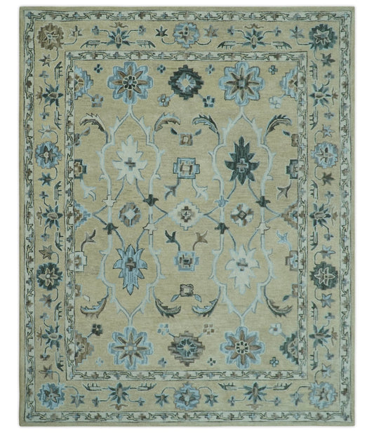 8x10 Beige, Ivory and Blue Hand Tufted Floral Oriental Oushak wool area rug - Marsh and Manor Collective