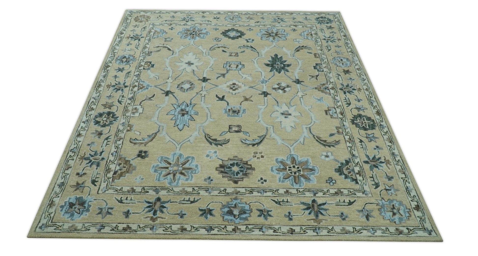 8x10 Beige, Ivory and Blue Hand Tufted Floral Oriental Oushak wool area rug - Marsh and Manor Collective
