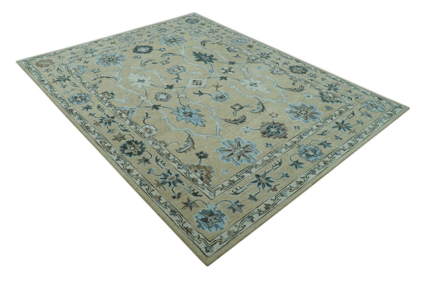 8x10 Beige, Ivory and Blue Hand Tufted Floral Oriental Oushak wool area rug - Marsh and Manor Collective