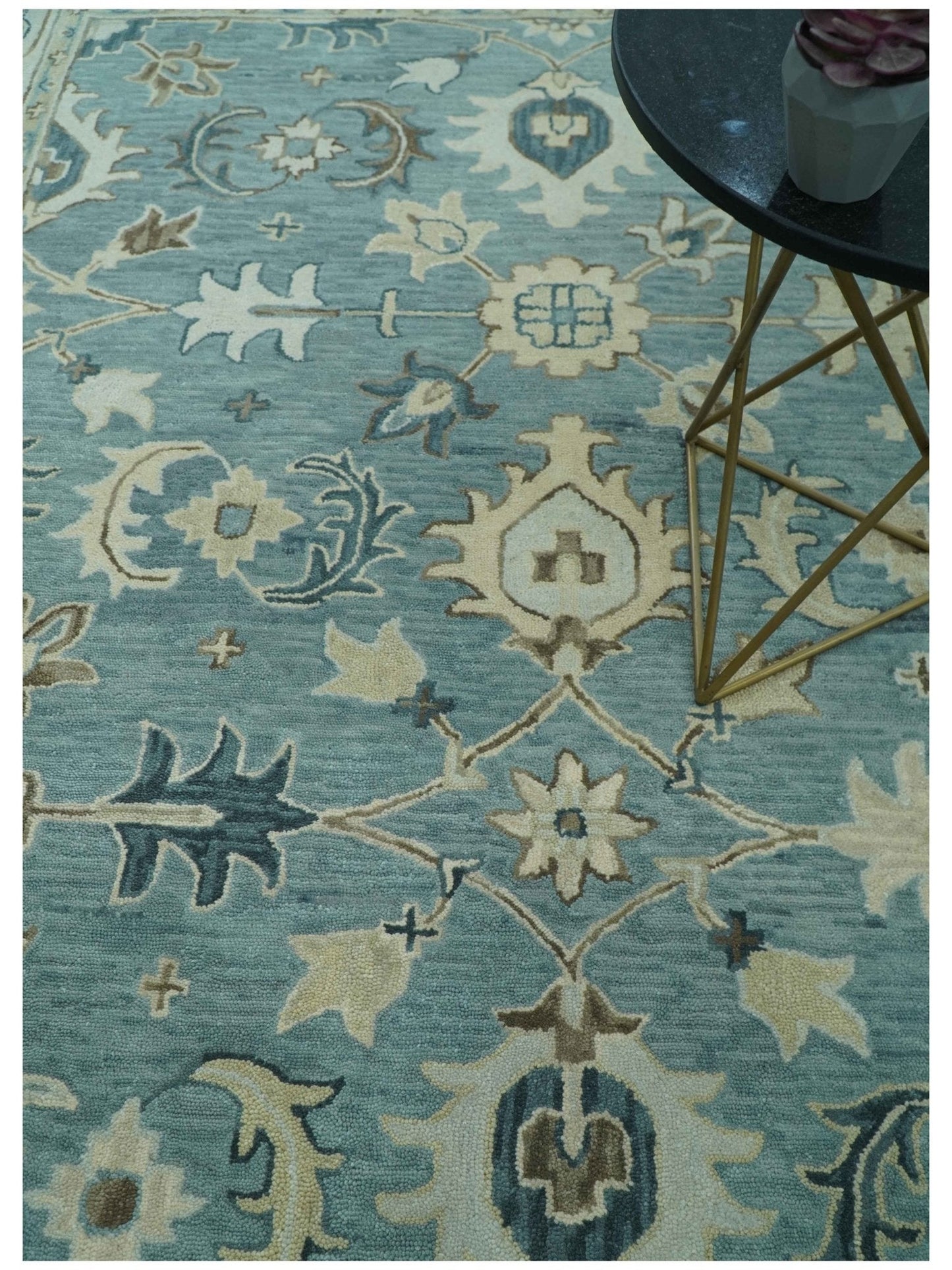 8x10 Blue, Ivory and Beige Hand Tufted Oriental Oushak wool area rug - Marsh and Manor Collective