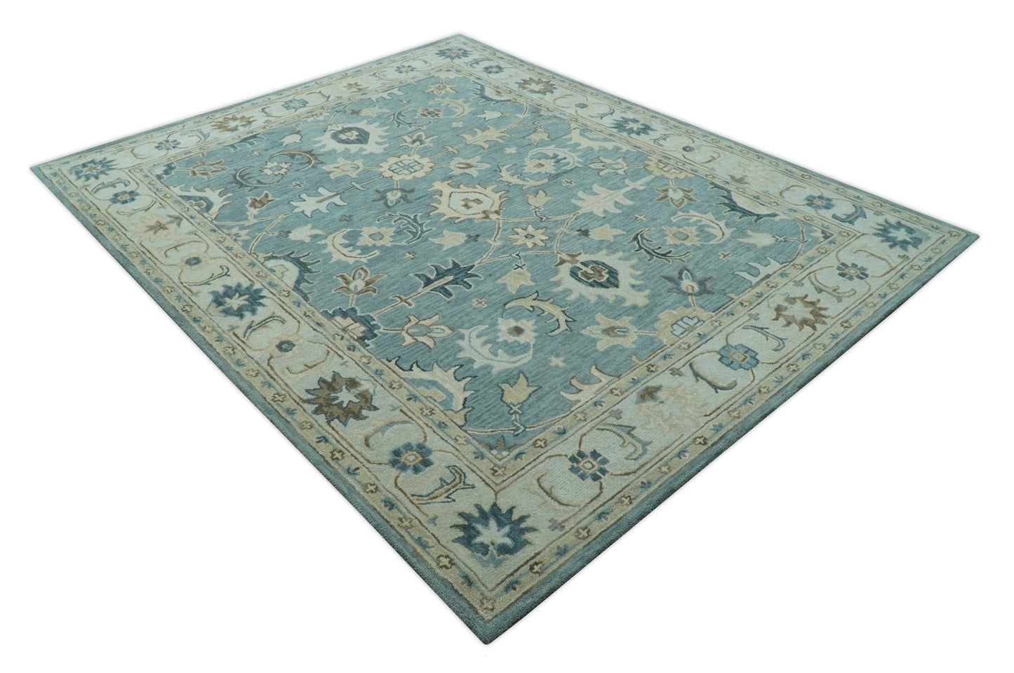 8x10 Blue, Ivory and Beige Hand Tufted Oriental Oushak wool area rug - Marsh and Manor Collective