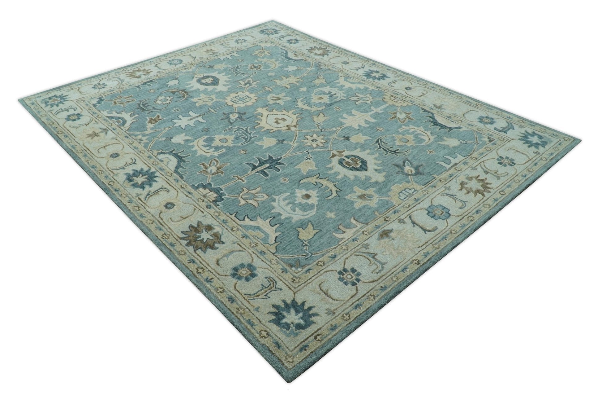 8x10 Blue, Ivory and Beige Hand Tufted Oriental Oushak wool area rug - Marsh and Manor Collective