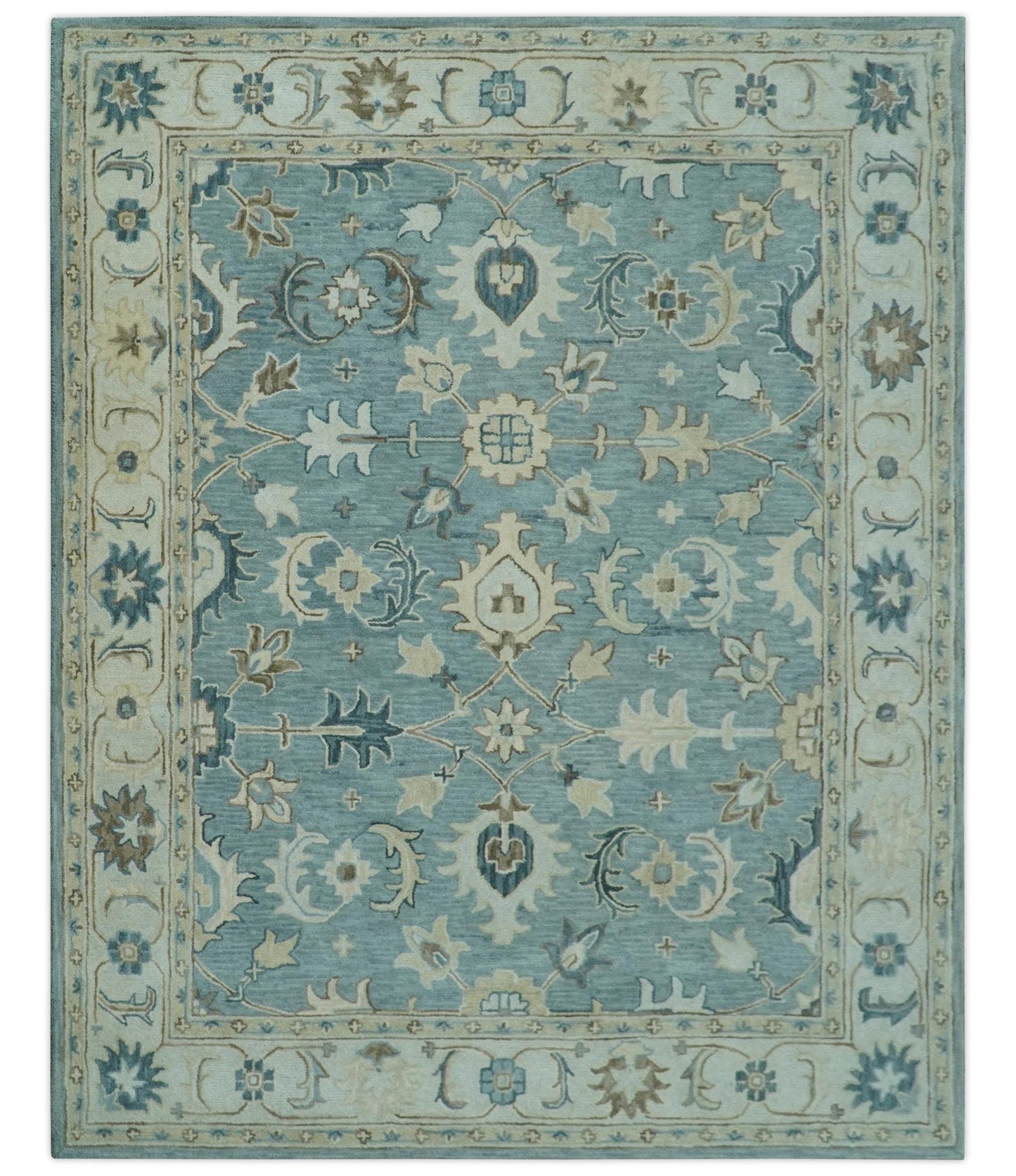 8x10 Blue, Ivory and Beige Hand Tufted Oriental Oushak wool area rug - Marsh and Manor Collective