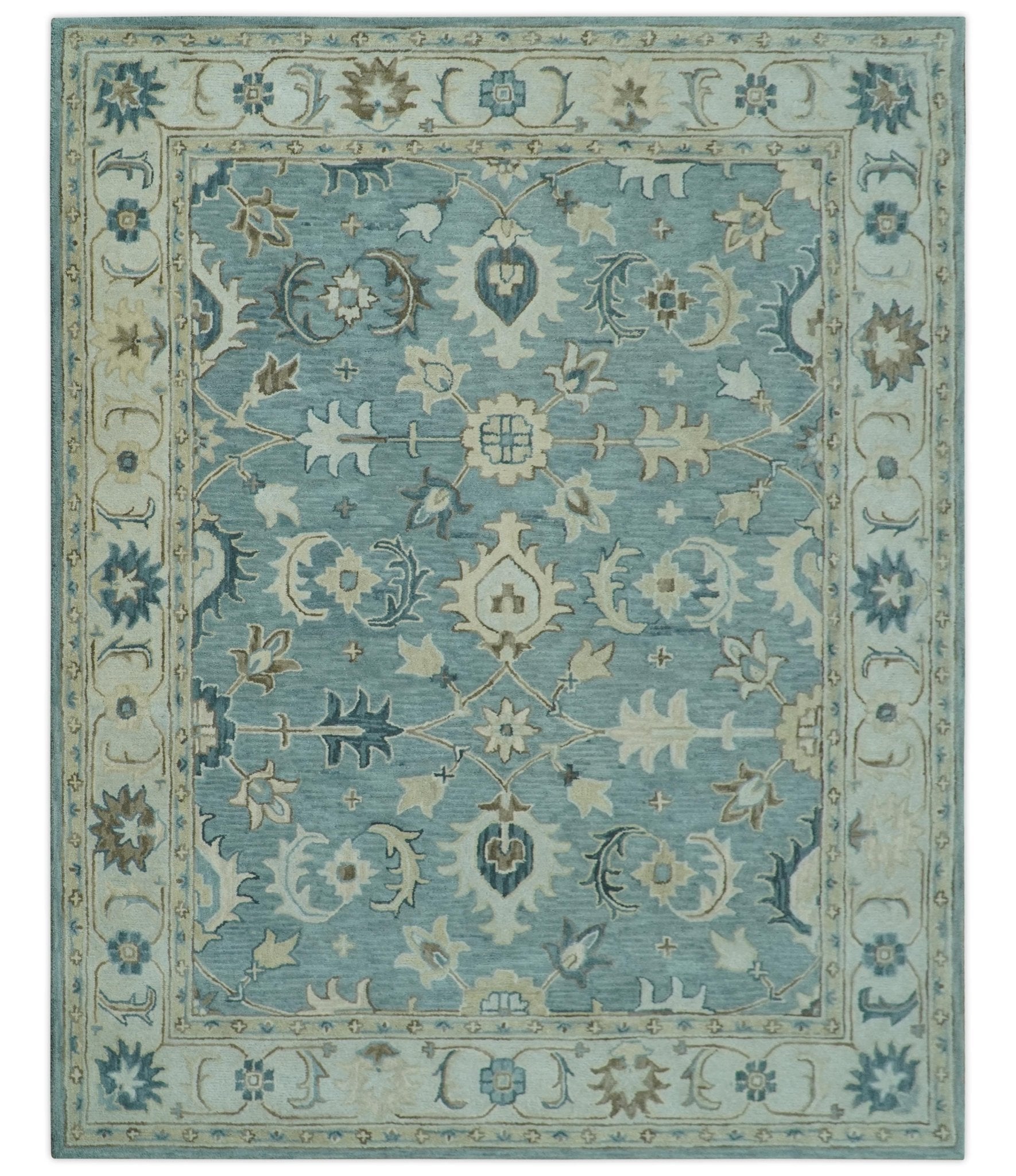 8x10 Blue, Ivory and Beige Hand Tufted Oriental Oushak wool area rug - Marsh and Manor Collective