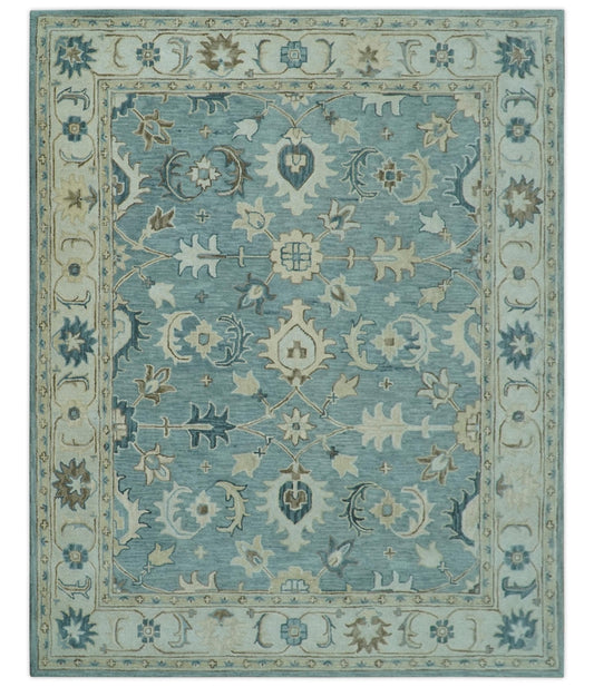 8x10 Blue, Ivory and Beige Hand Tufted Oriental Oushak wool area rug - Marsh and Manor Collective