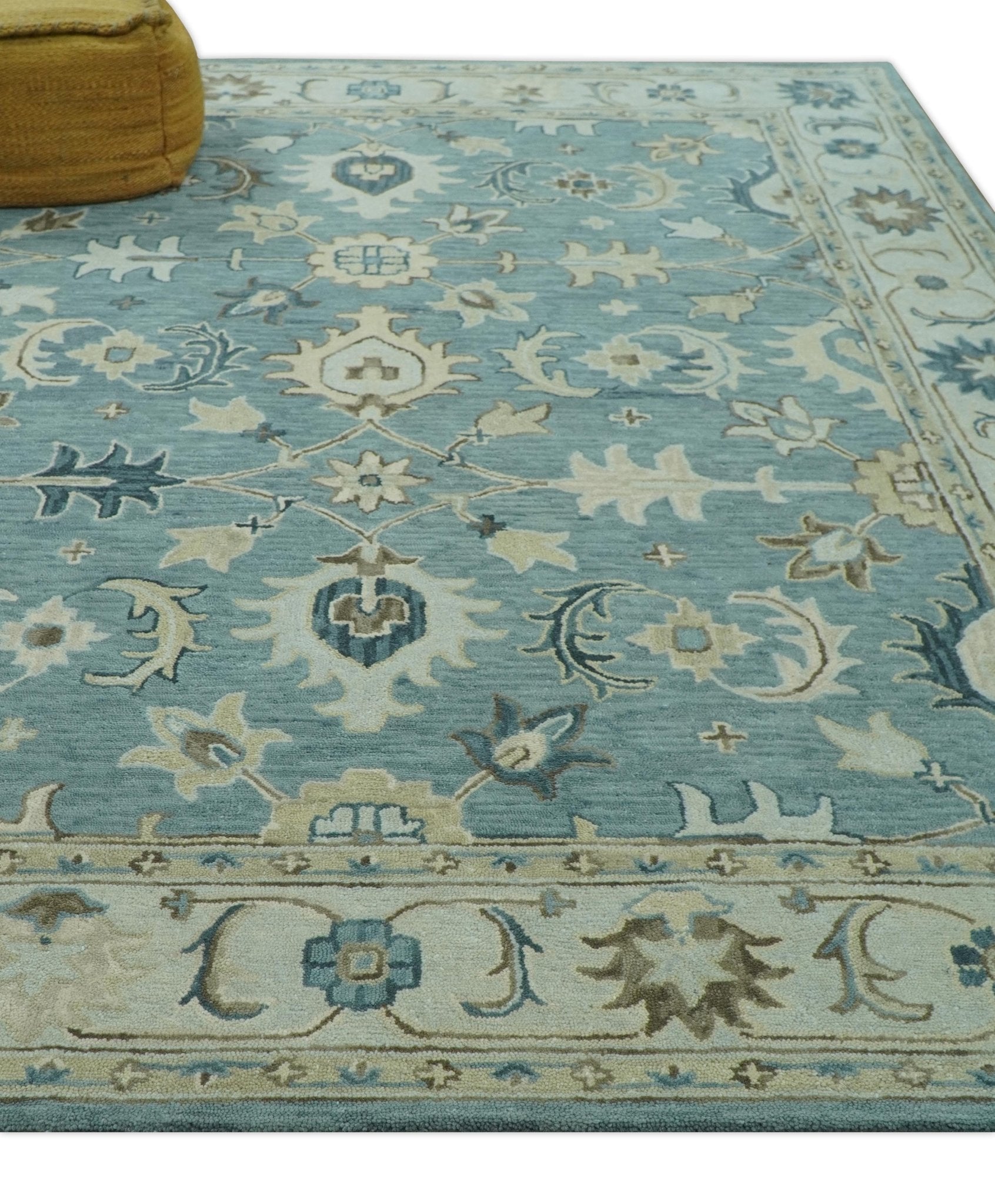 8x10 Blue, Ivory and Beige Hand Tufted Oriental Oushak wool area rug - Marsh and Manor Collective
