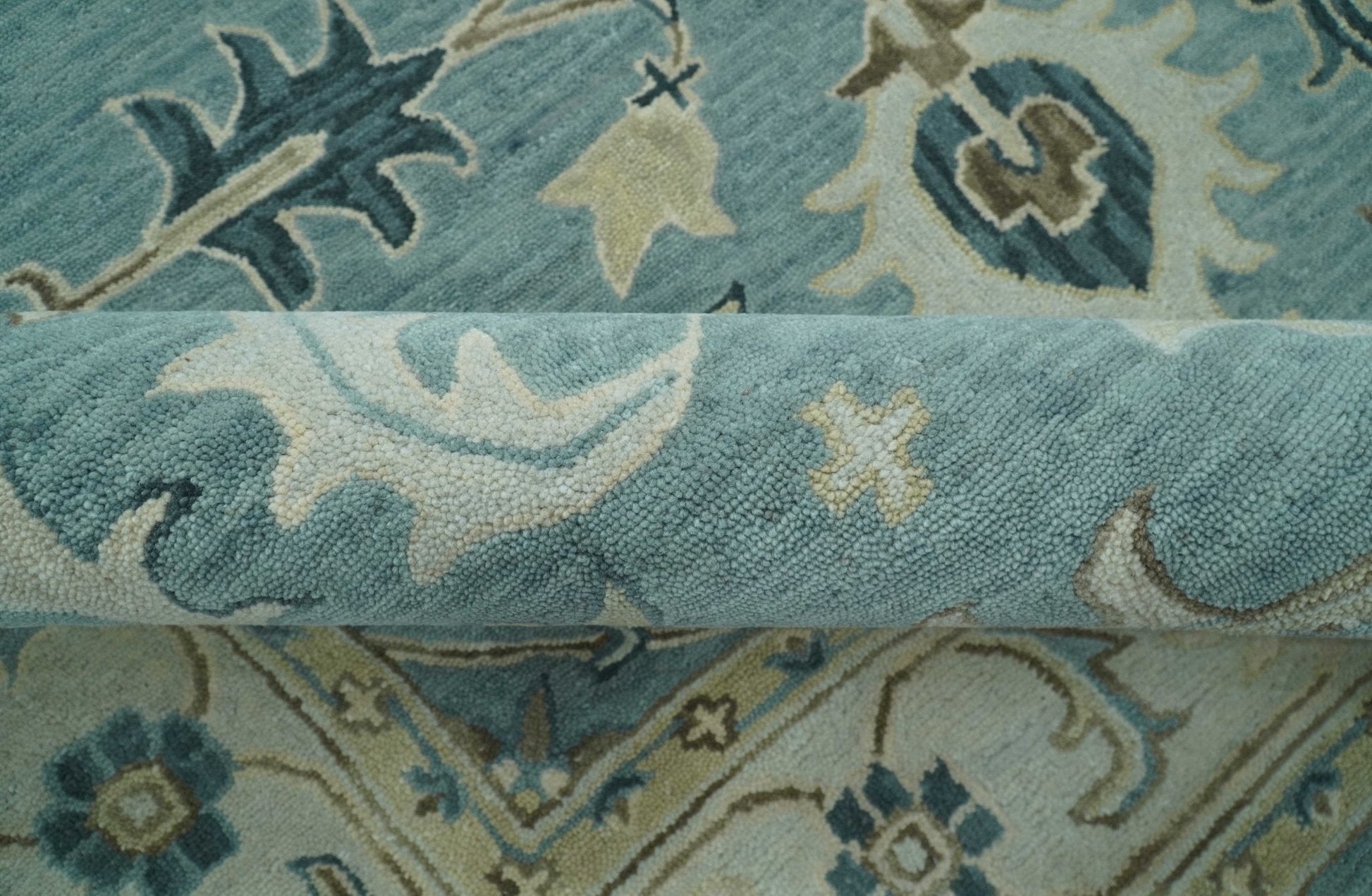 8x10 Blue, Ivory and Beige Hand Tufted Oriental Oushak wool area rug - Marsh and Manor Collective