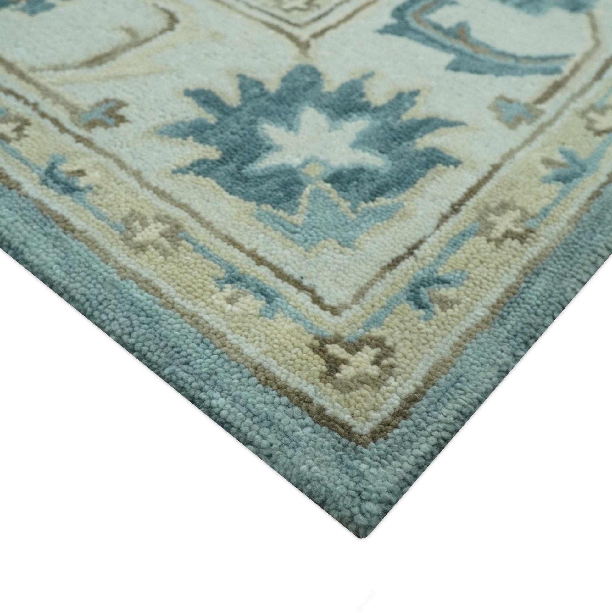 8x10 Blue, Ivory and Beige Hand Tufted Oriental Oushak wool area rug - Marsh and Manor Collective